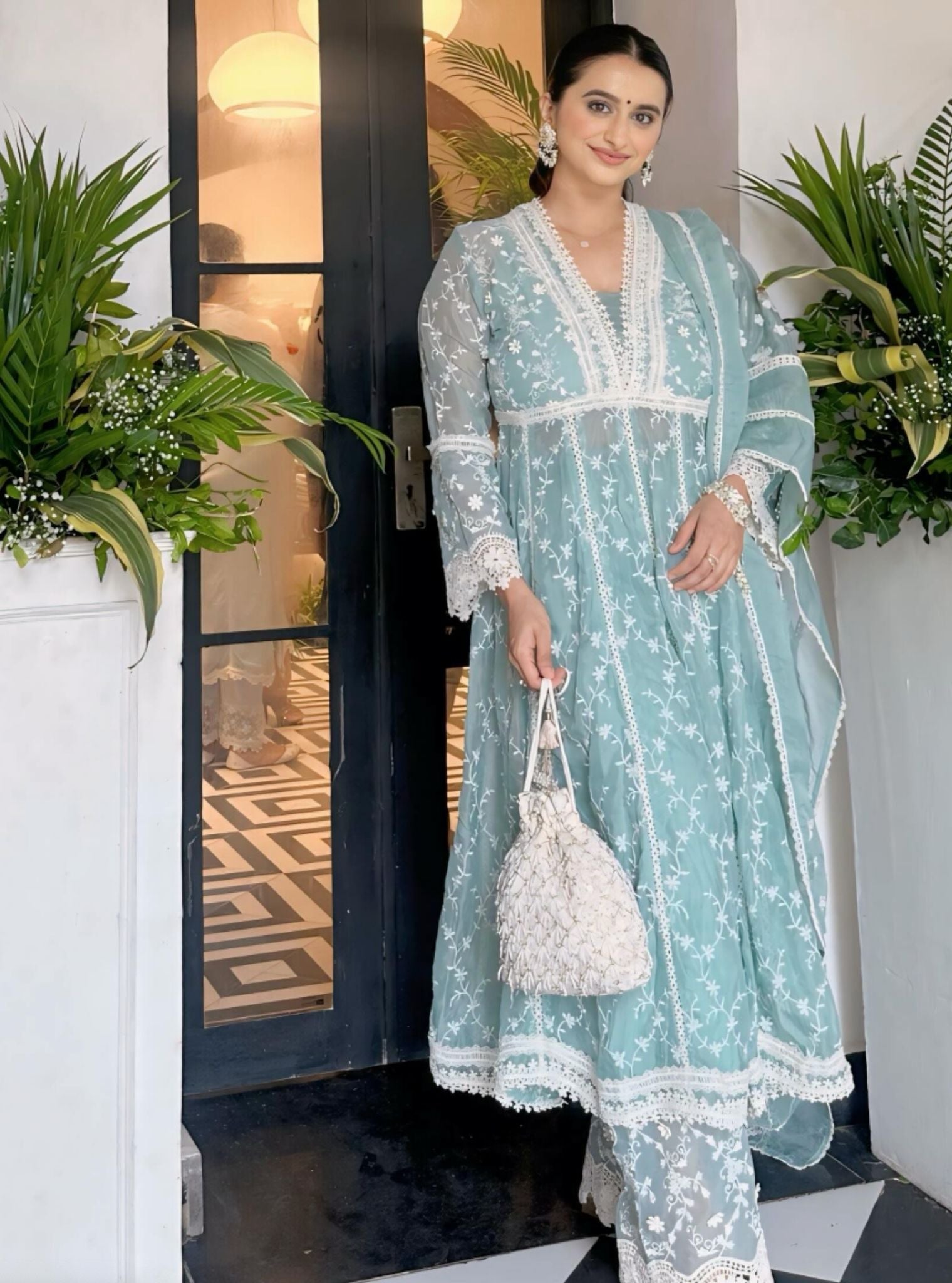 Capila Organza Teal Blue Anarkali Set