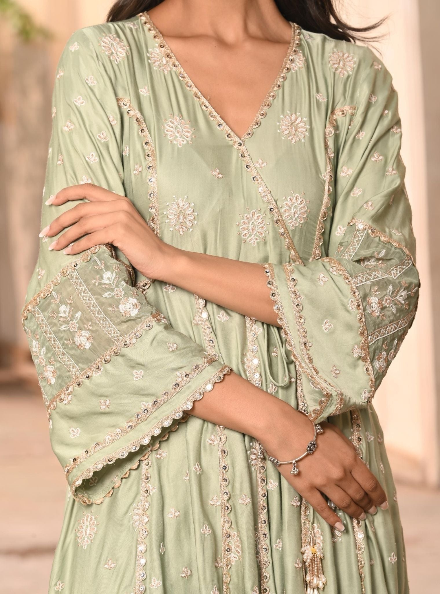 Chaiyya Modal Satin Sage Green Anarkali Kurta Set