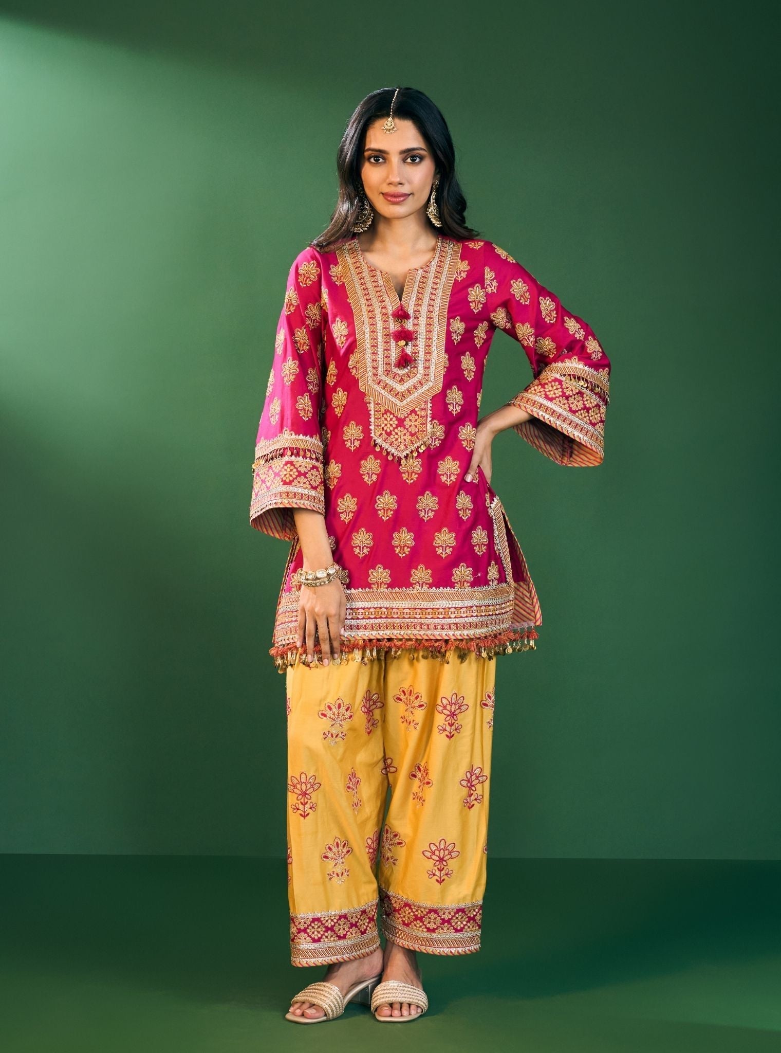Lani Pima Satin Fuchsia Kurta With Mustard Pant