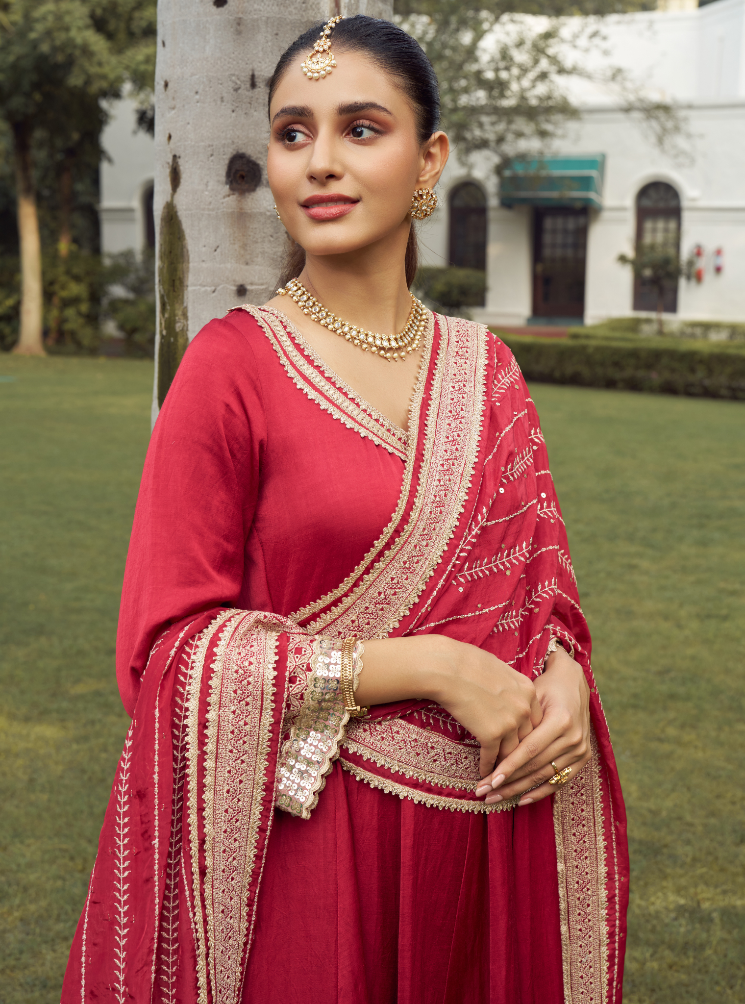 Mausami Red Linen Satin Anarkali Kurta Set