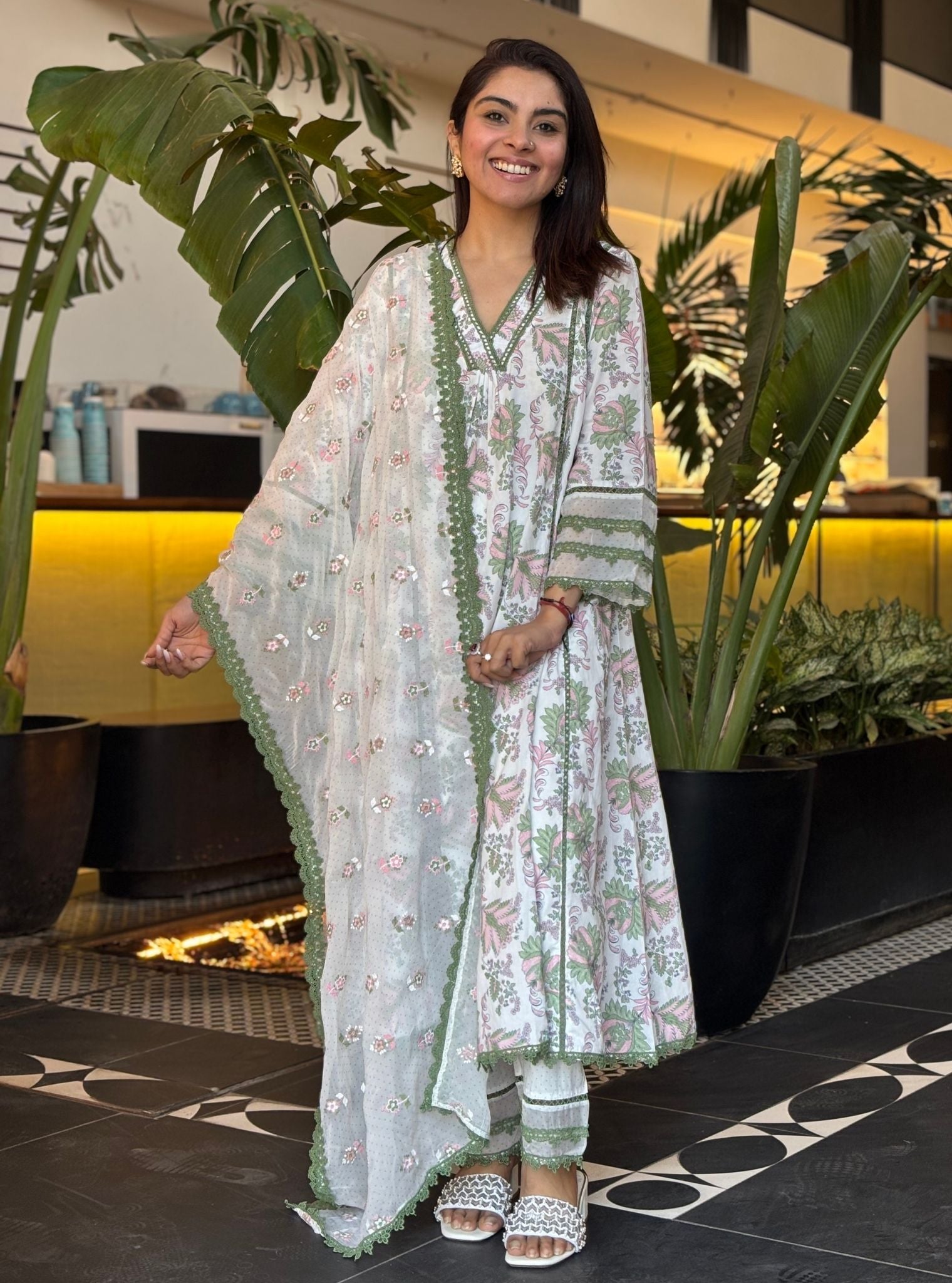 Bellamy Supima Cotton Printed Green Kurta Set