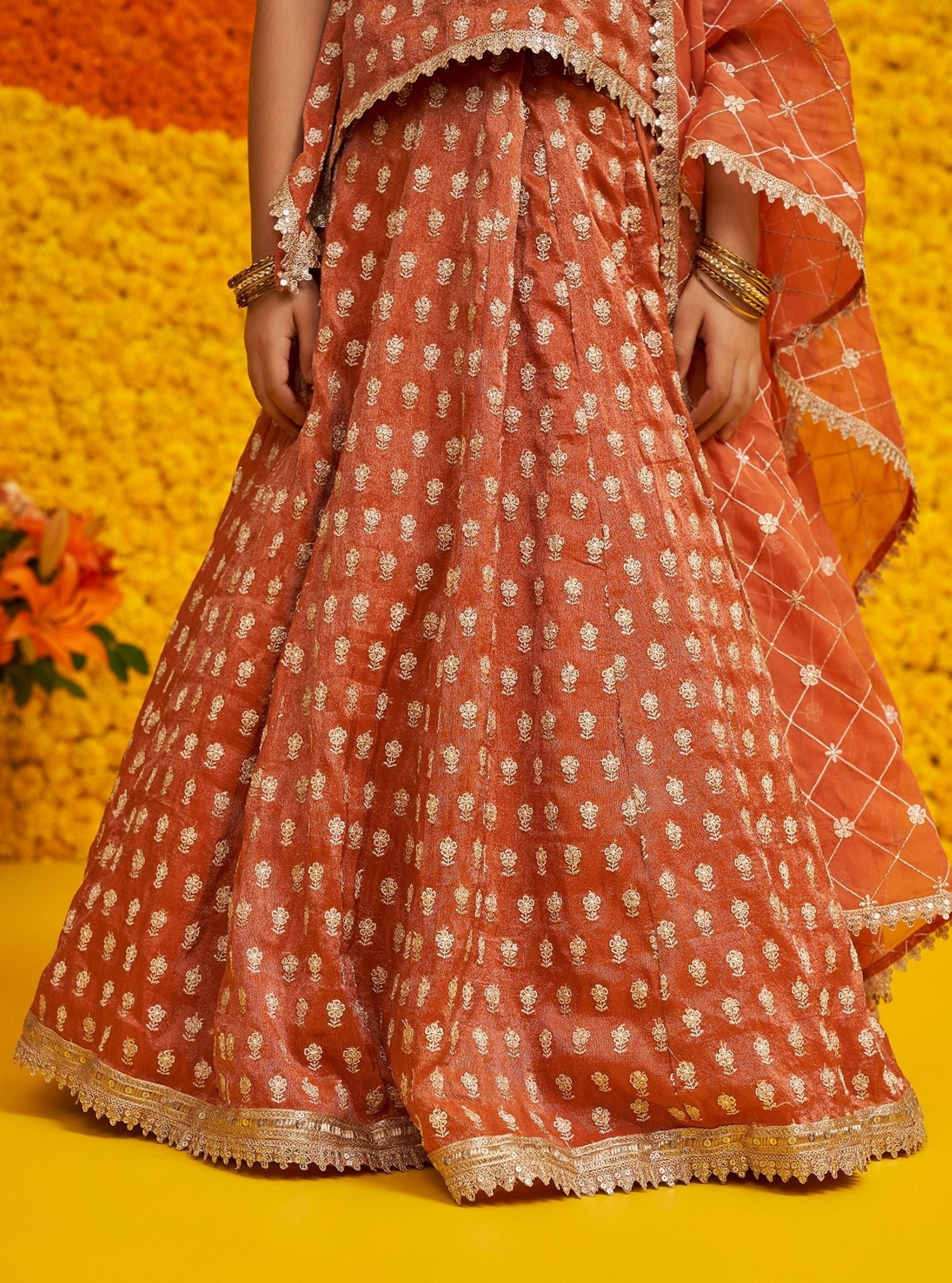 Naira Royal Tissue Burnt Orange Kurta with Lehenga Set