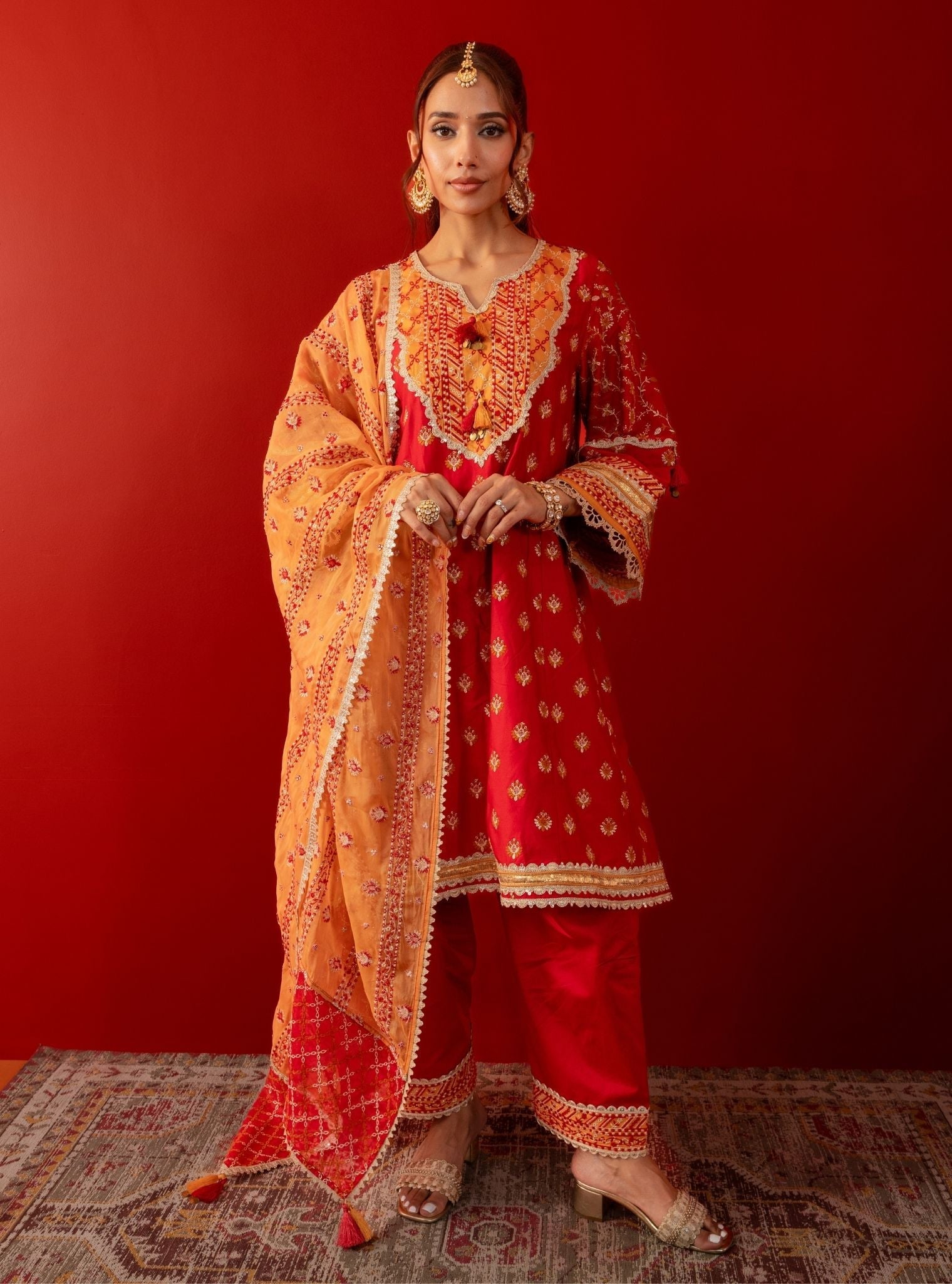 Bandhan Pima Satin Red Kurta Set