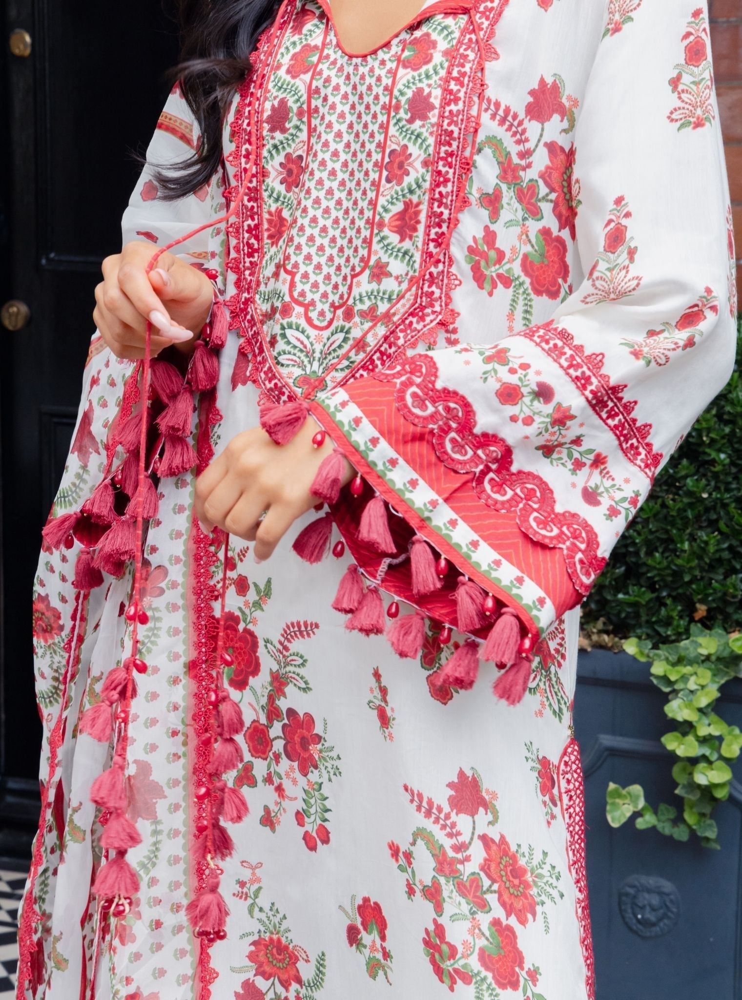 Suvi Lawn Printed Red Kurta Set
