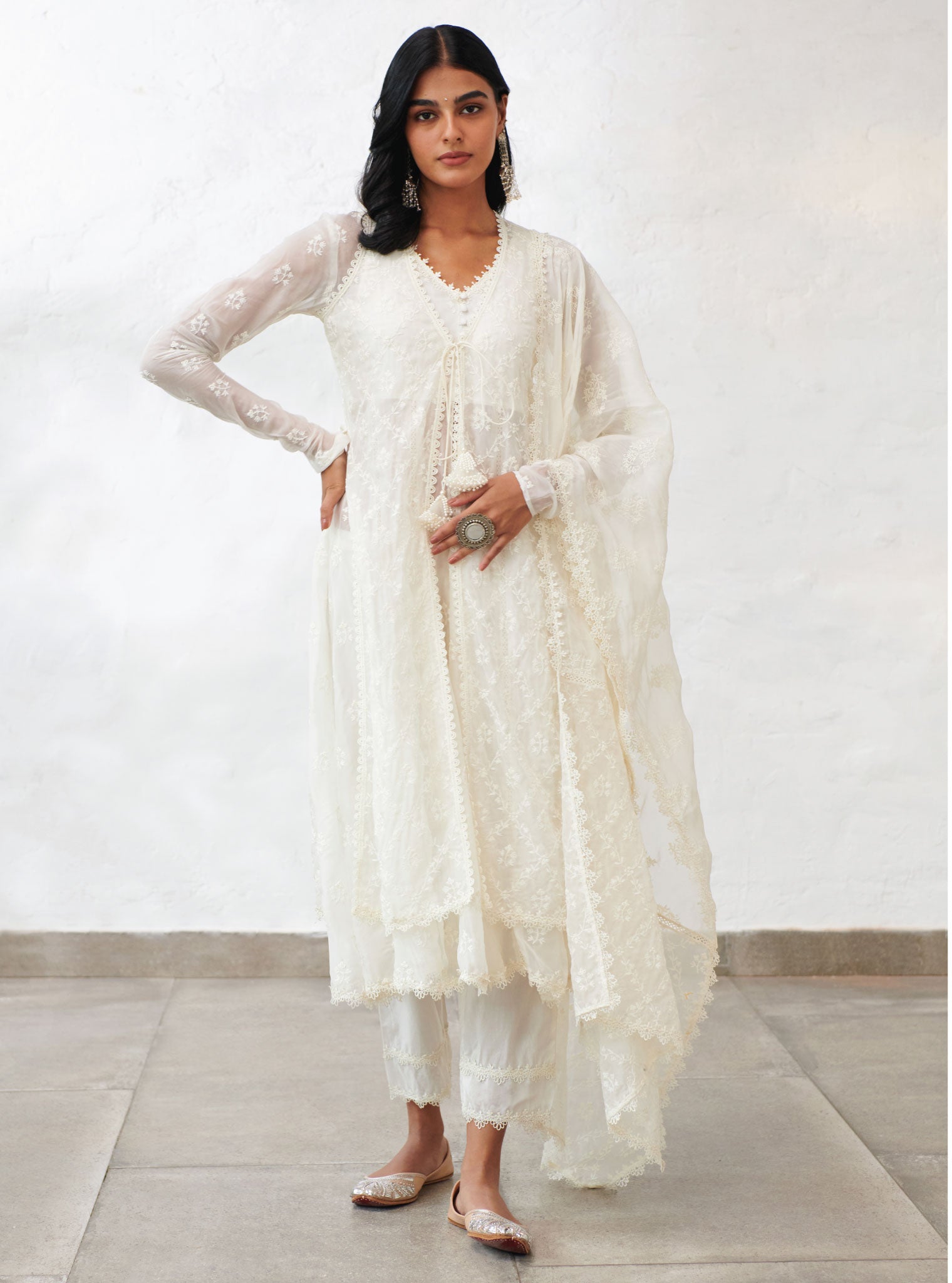 Essex Organza Off White Anarkali Kurta Set