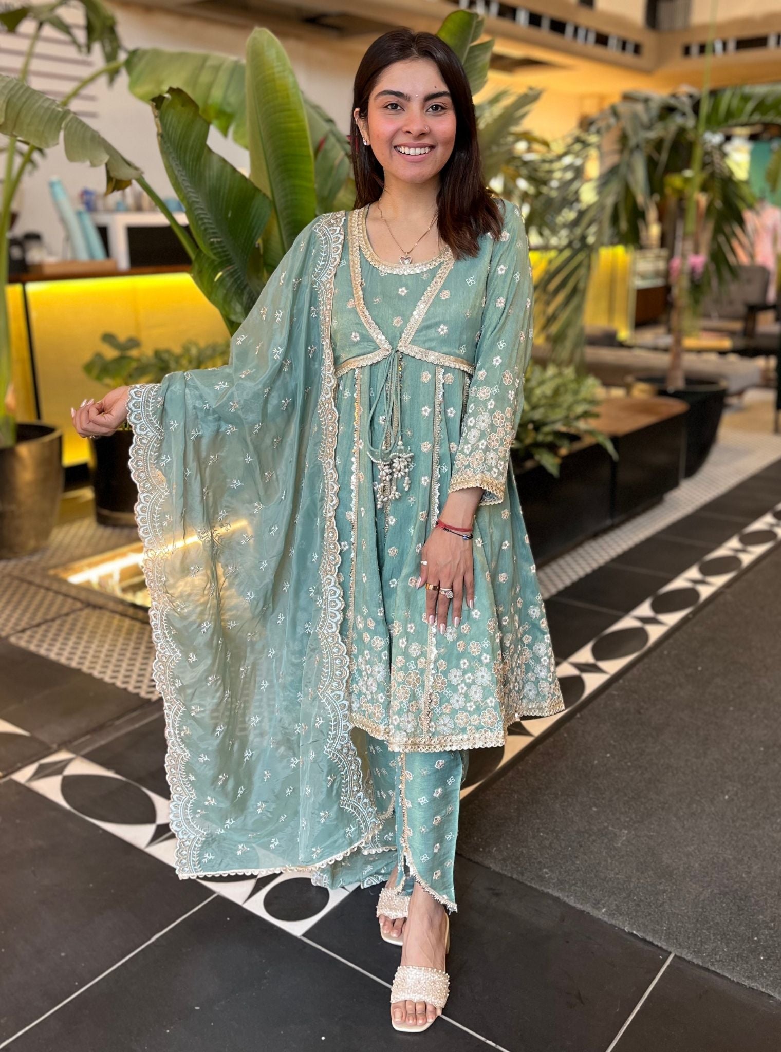 Sajeya Tissue Satin Teal Blue Anarkali Kurta Set