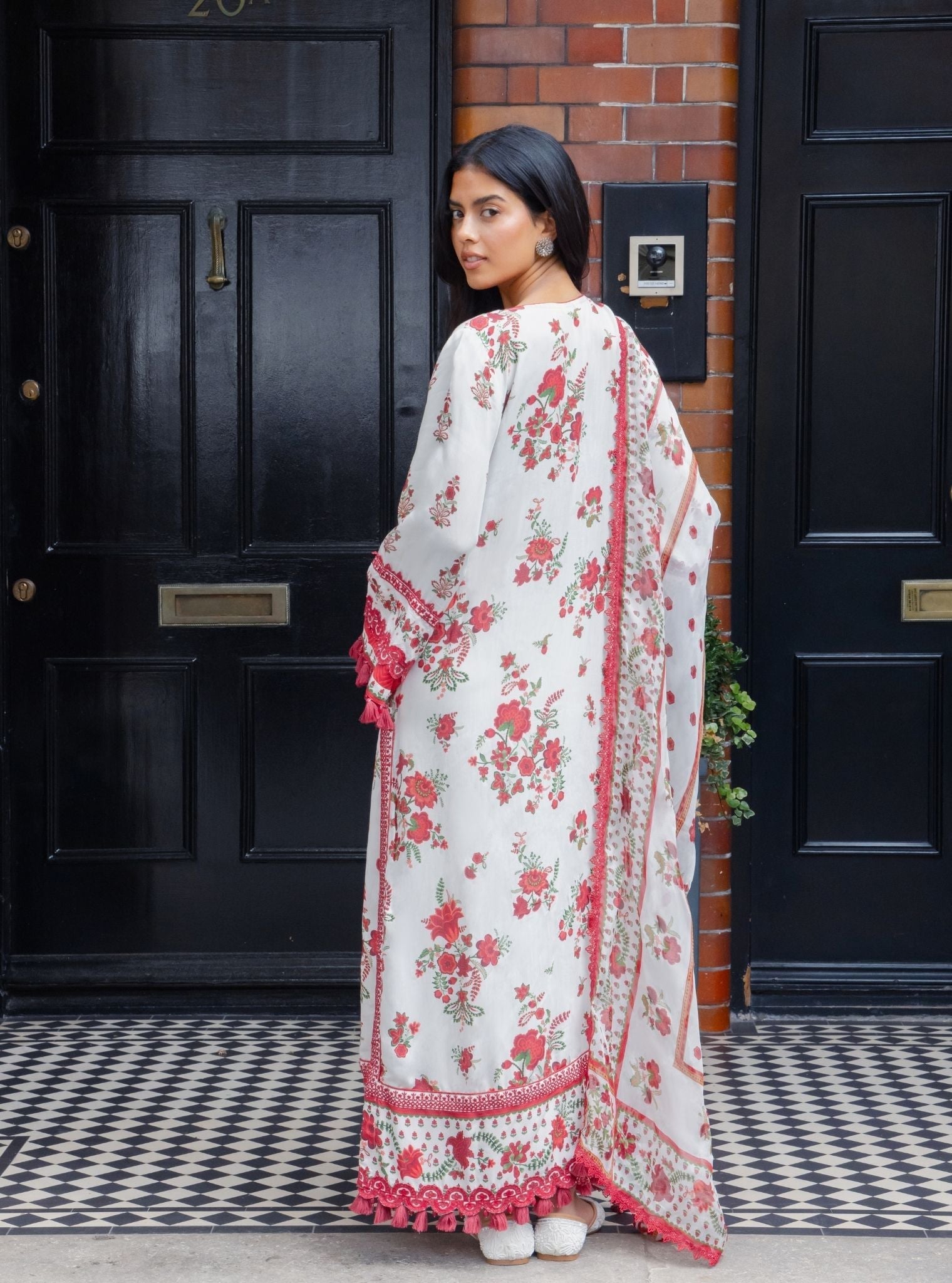Suvi Lawn Printed Red Kurta Set