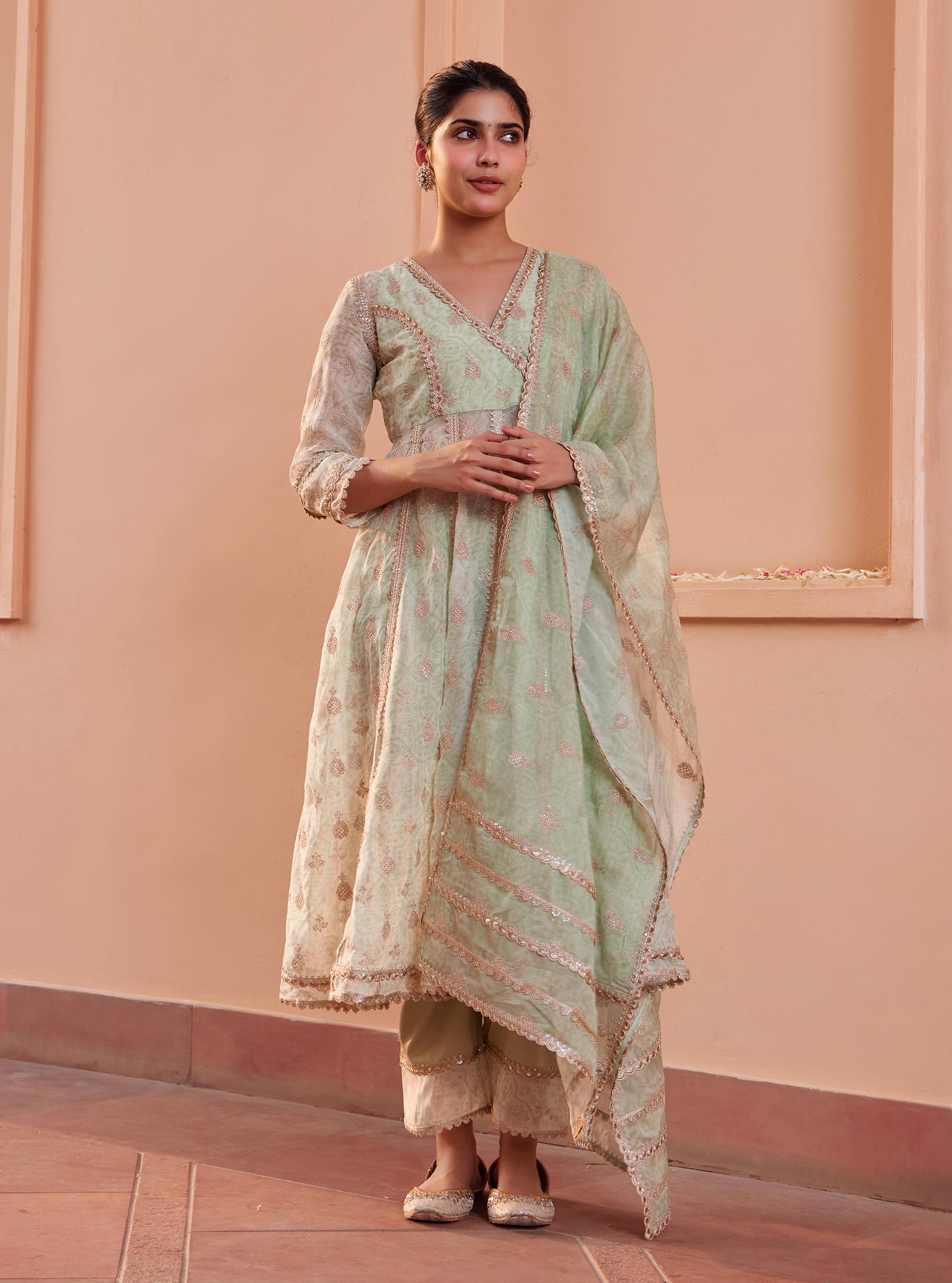 Vamsi Organza Green Anarkali Kurta Set