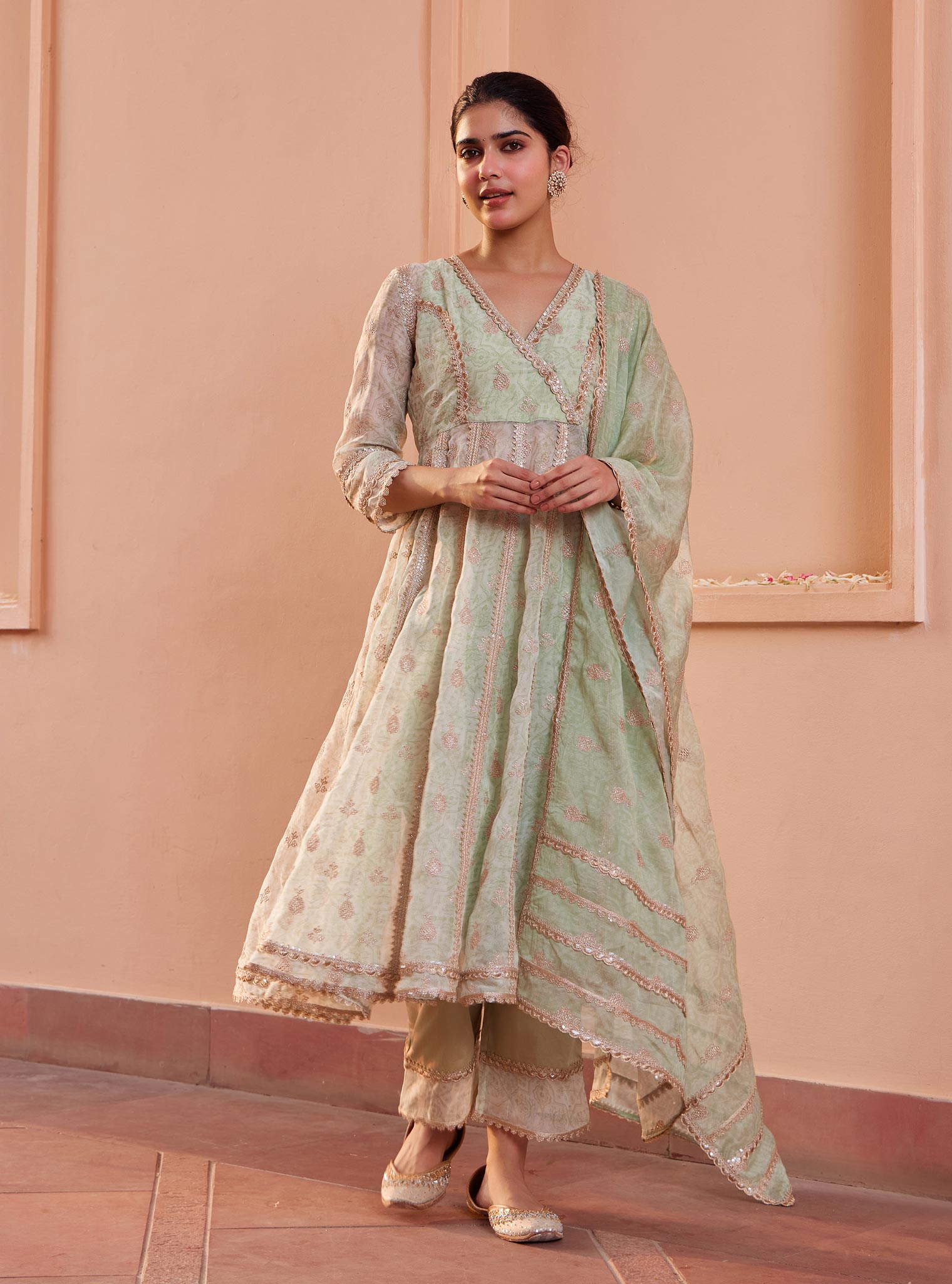 Vamsi Organza Green Anarkali Kurta Set