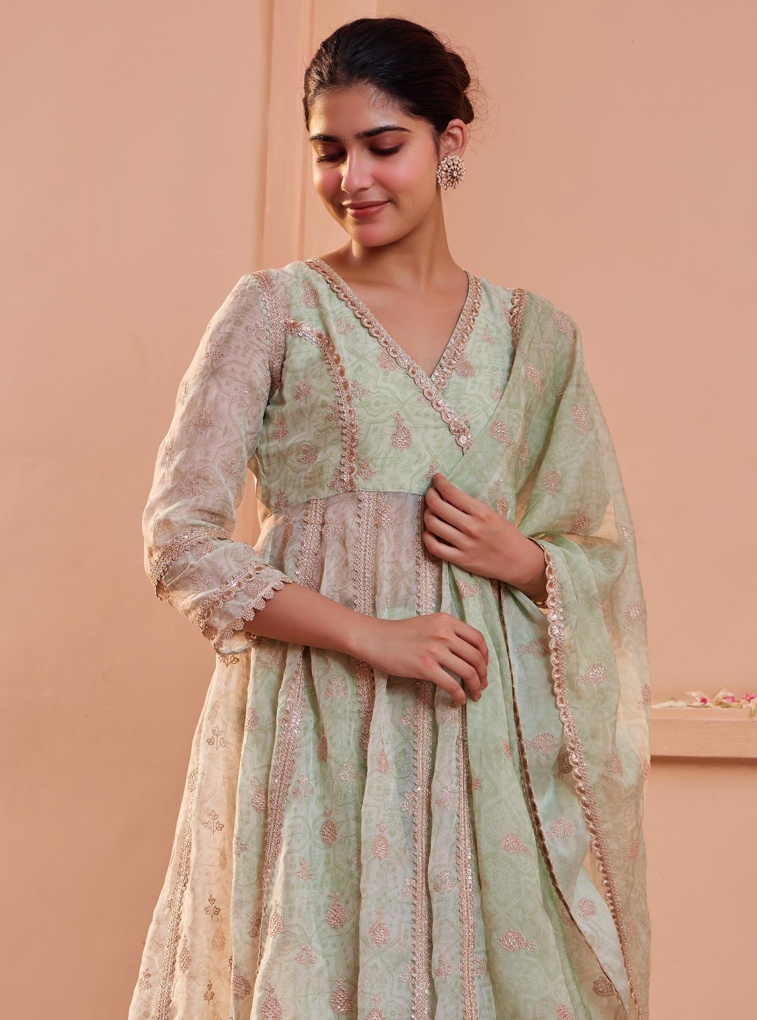 Vamsi Organza Green Anarkali Kurta Set