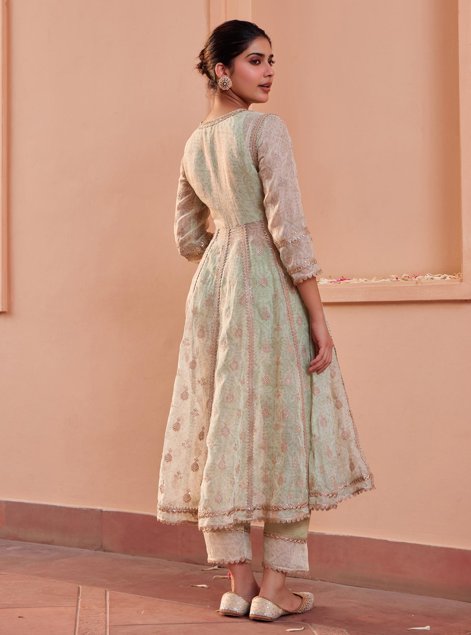 Vamsi Organza Green Anarkali Kurta Set