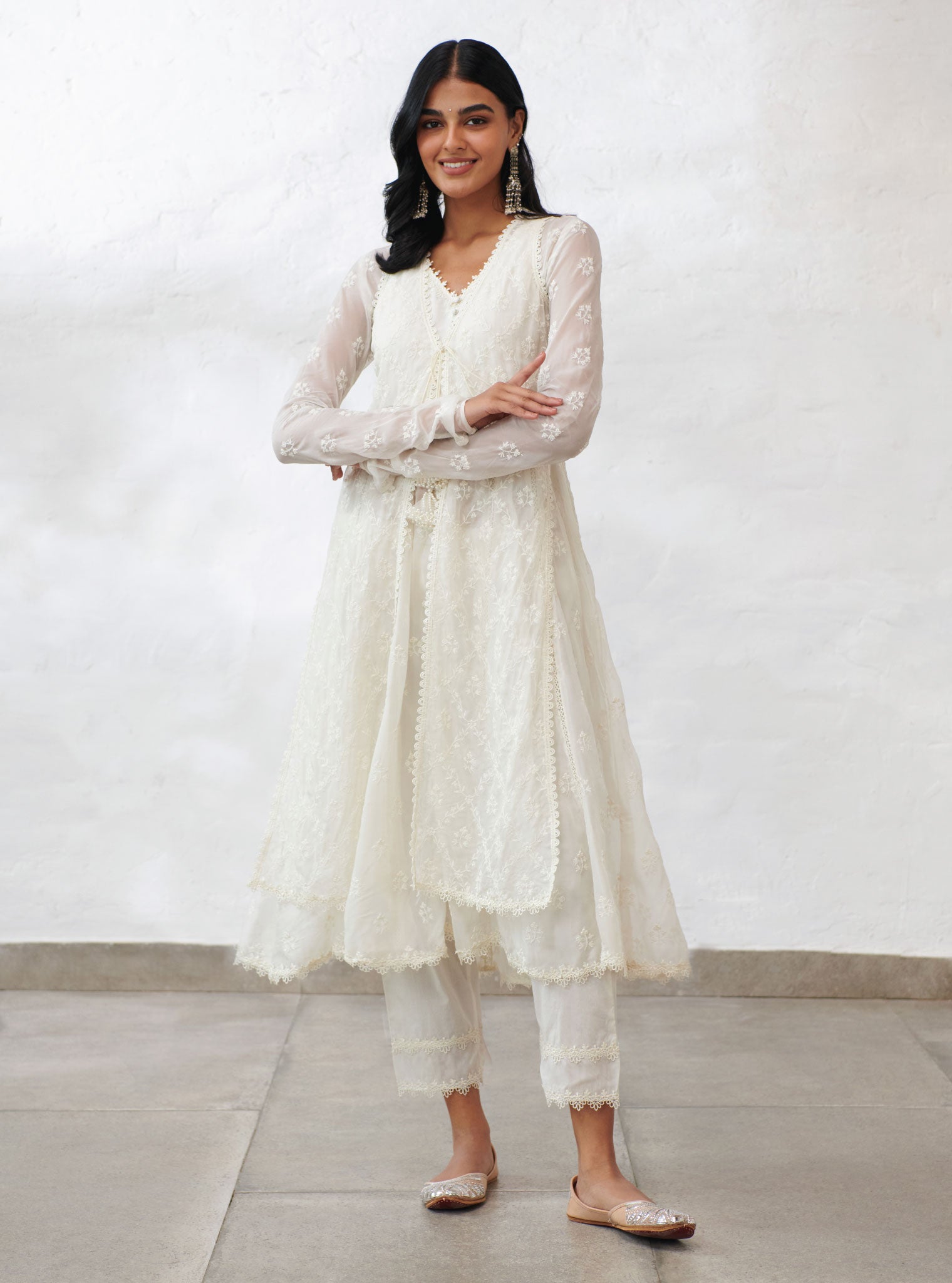 Essex Organza Off White Anarkali Kurta Set