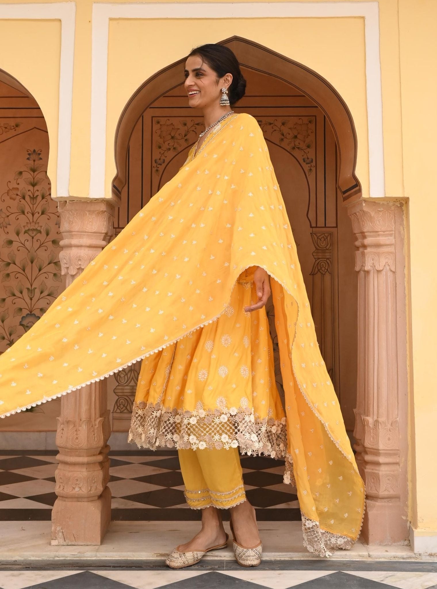 Chaiyya Modal Satin Yellow Anarkali Kurta Set