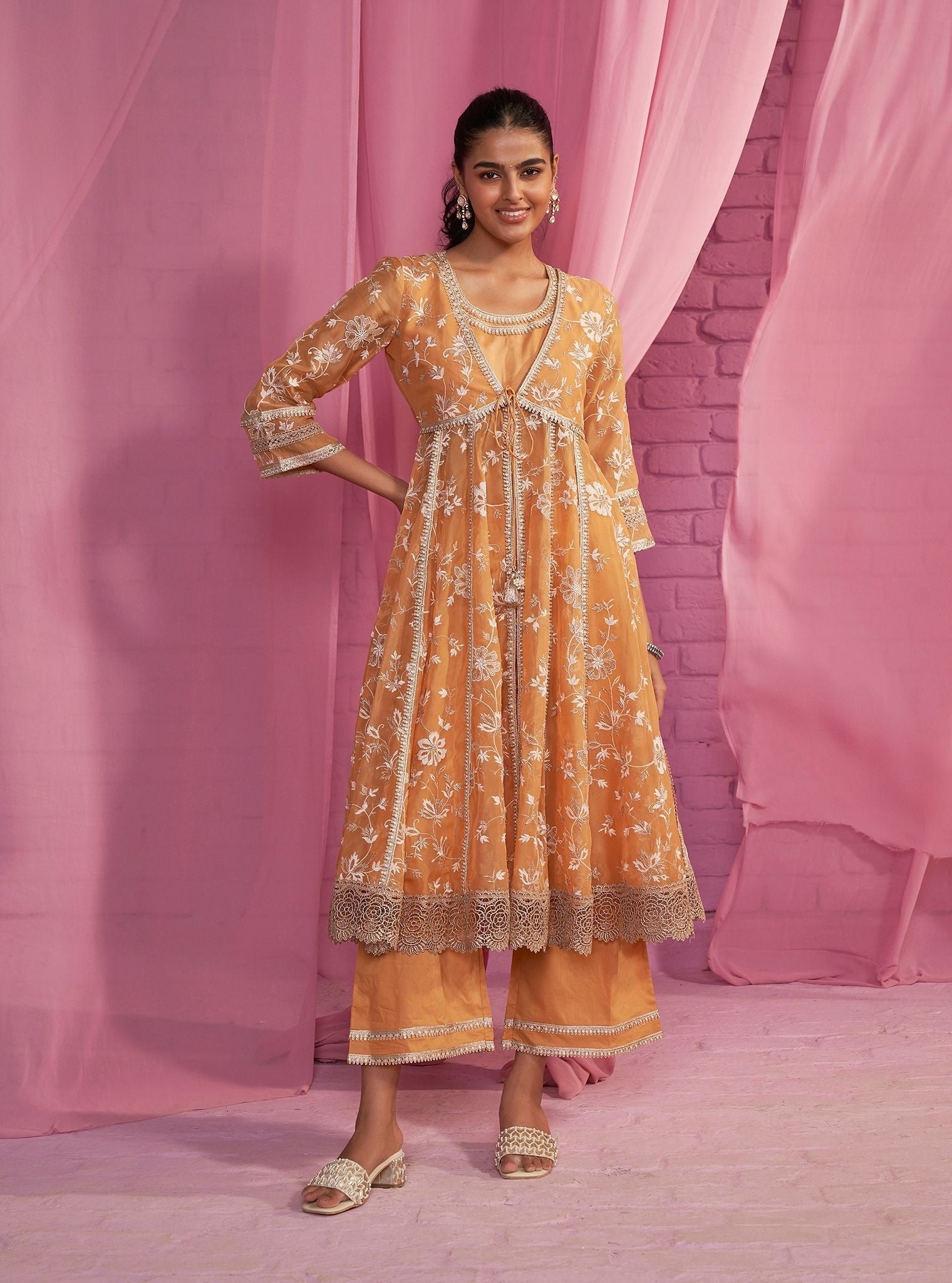 Sharvi Organza Orange Anarkali Kurta Set