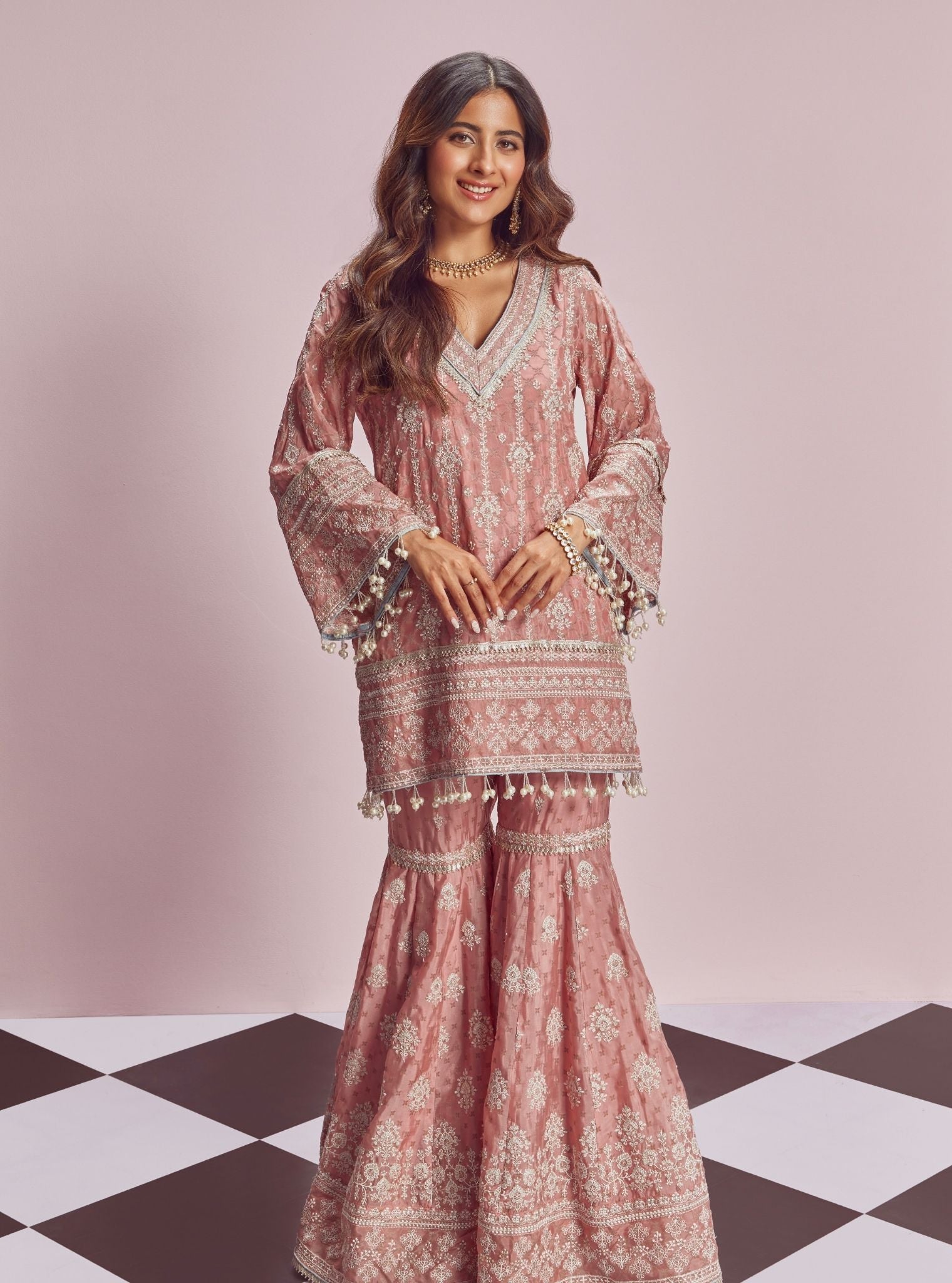 Sakhi Banarsi Pink Kurta with Garara Set