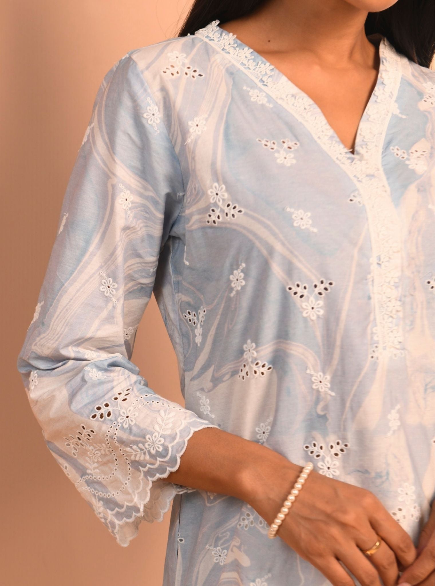 Mulmul Supima Cotton Marble Adela Blue Kurta