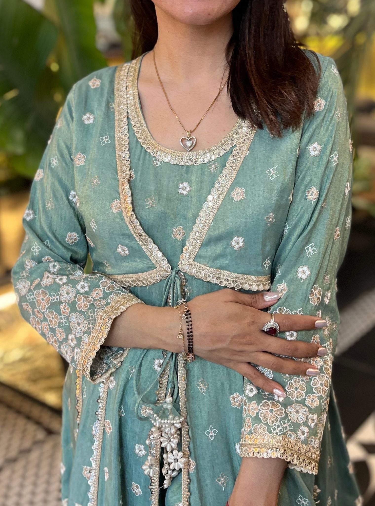 Sajeya Tissue Satin Teal Blue Anarkali Kurta Set