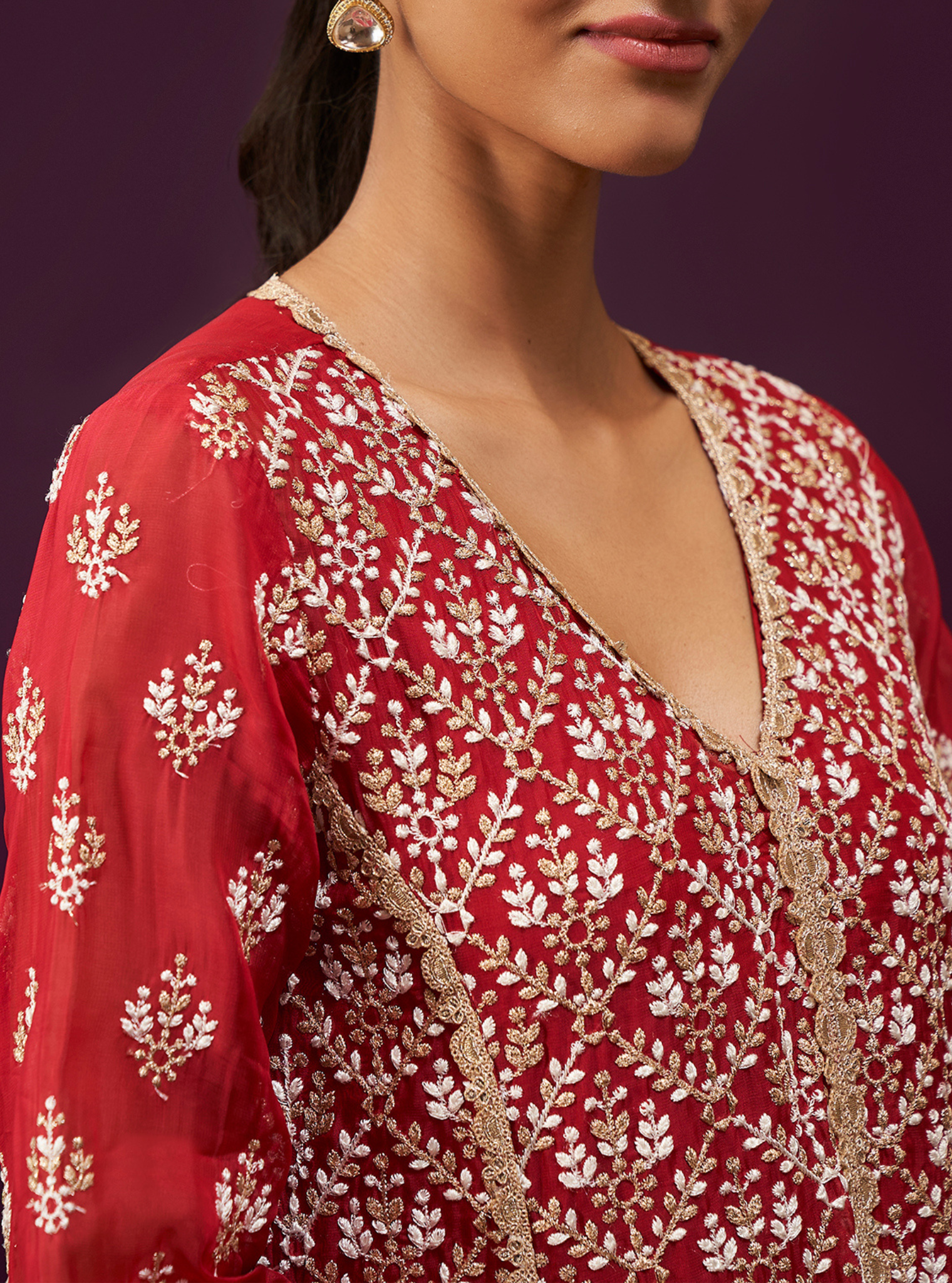 Kwanjal Organza Red Kurta Set