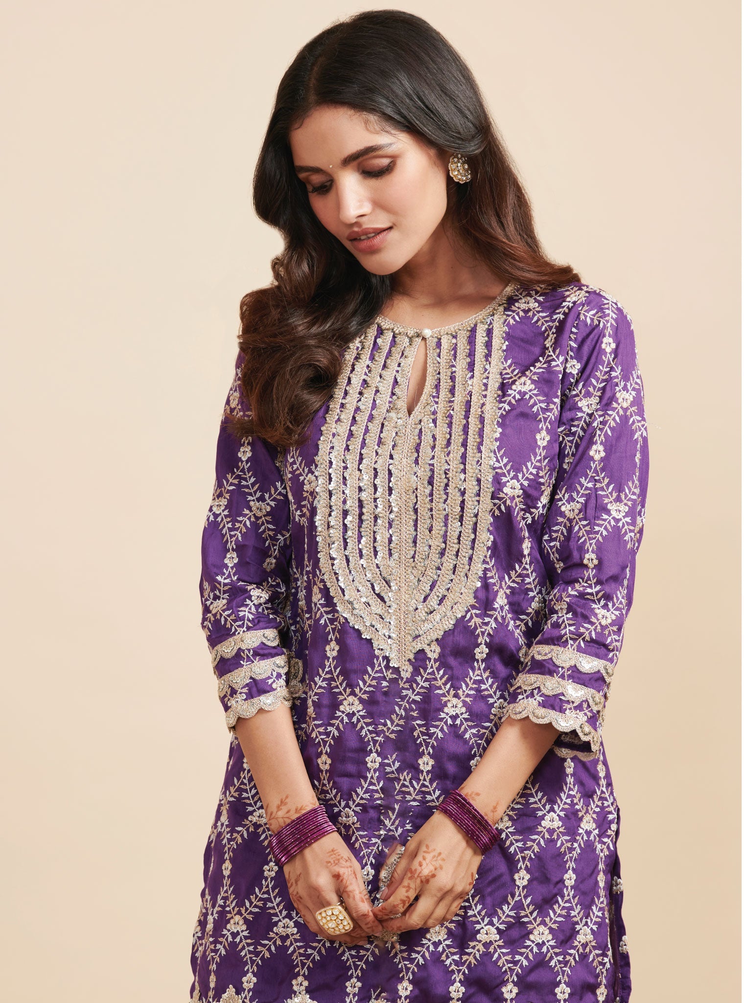 Kajra Silk Purple Short Kurta with Garara Set