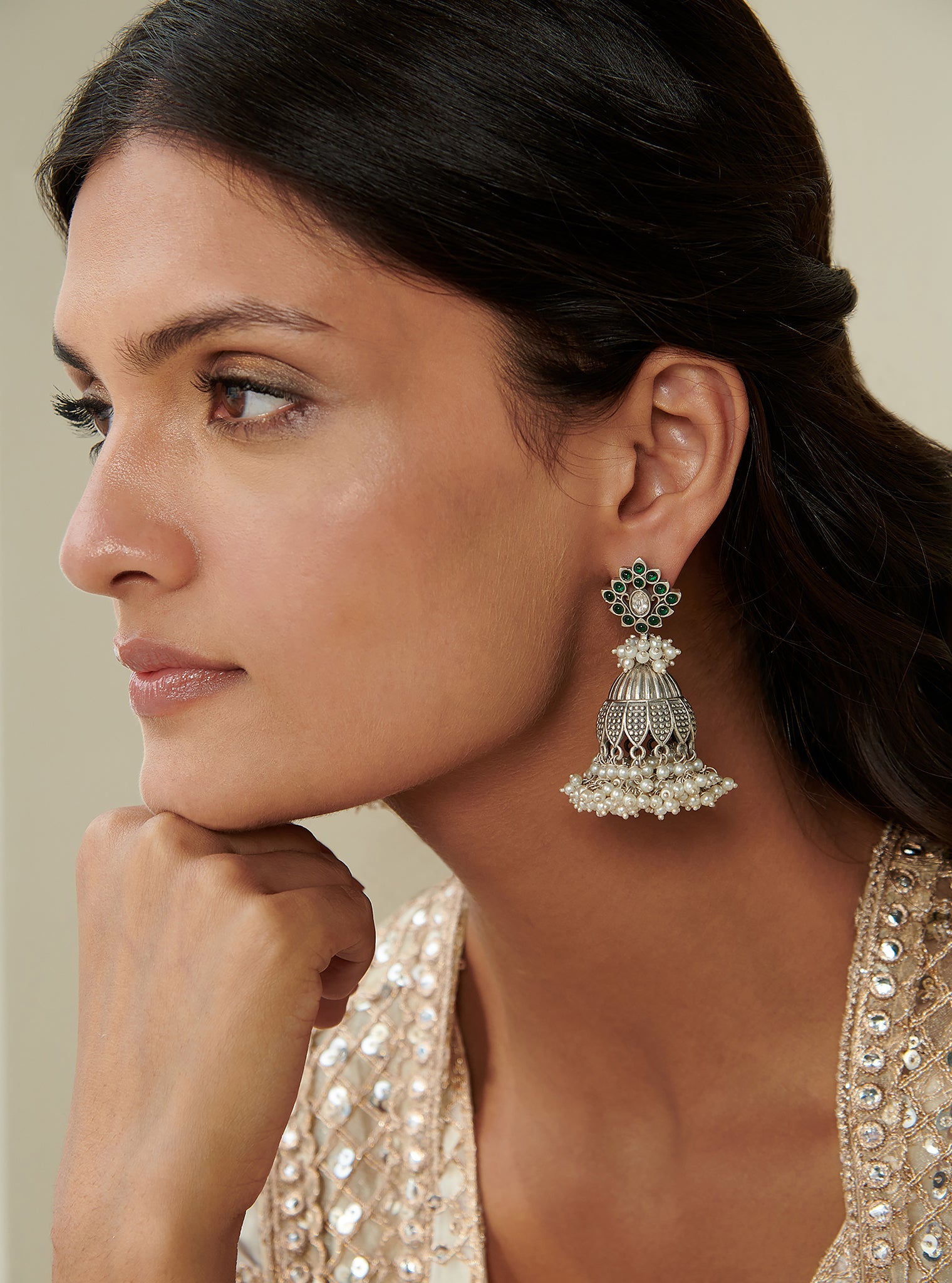 Pure Silver Coral Bell Pearl Jhumki