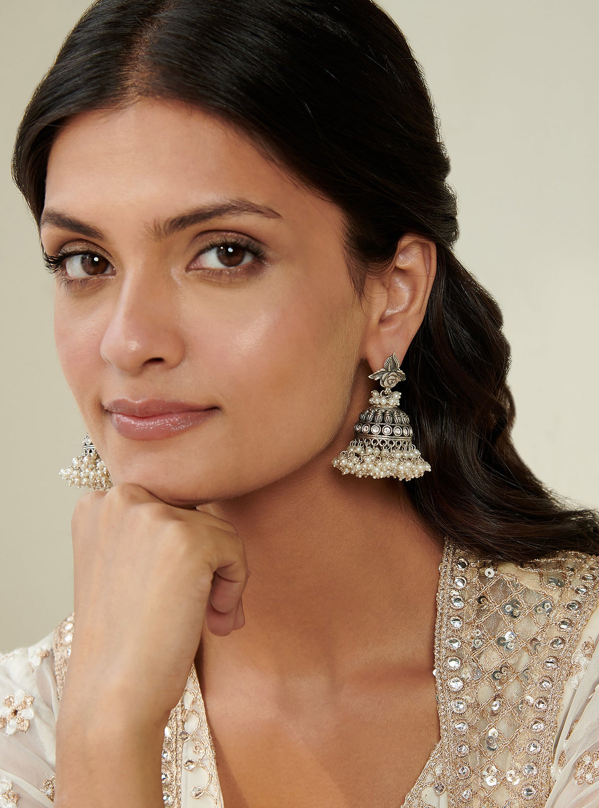 Pure Silver Crystal Rose Dome Jhumka