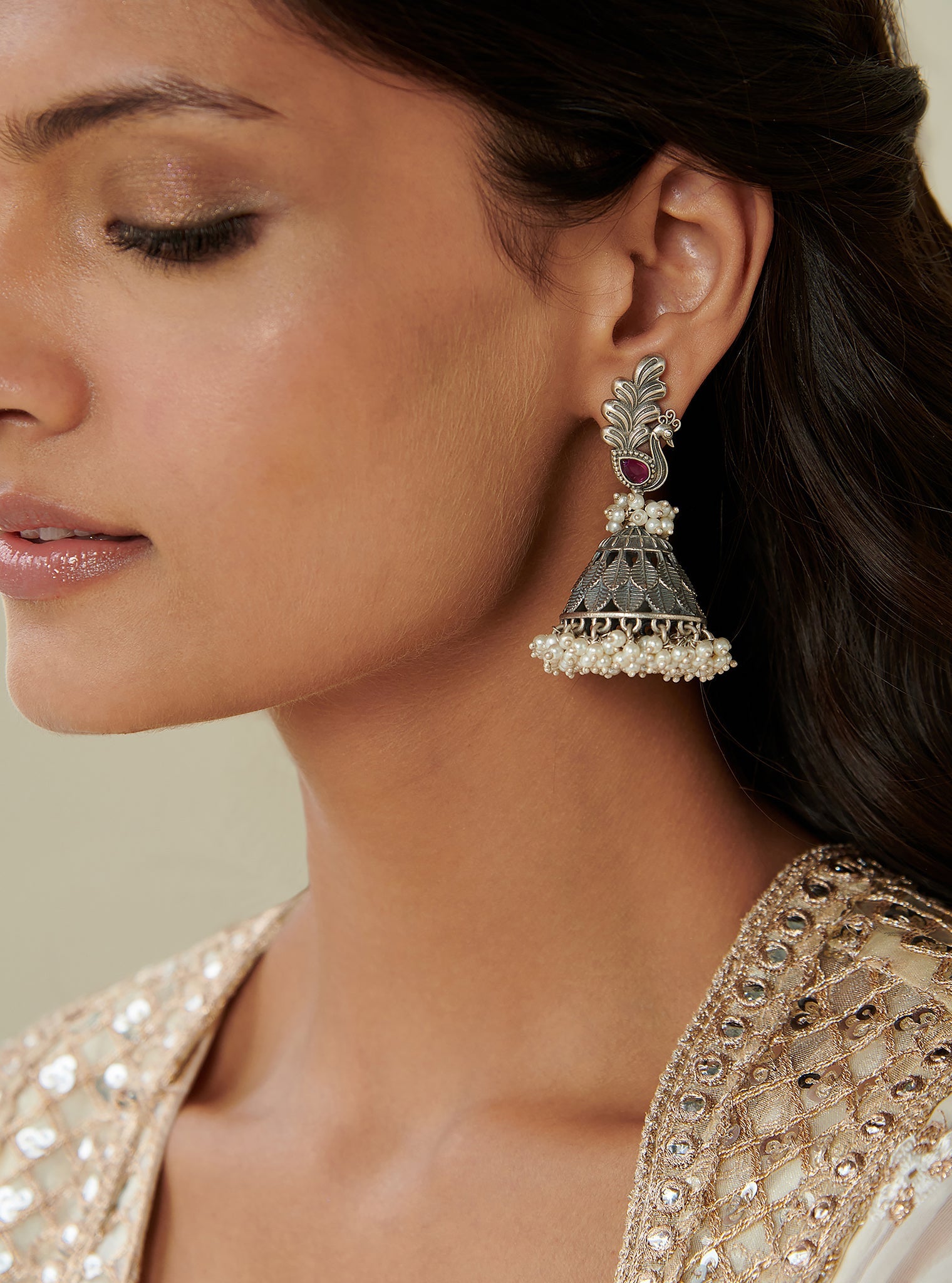 Pure Silver Peacock tribal leaf jhumka