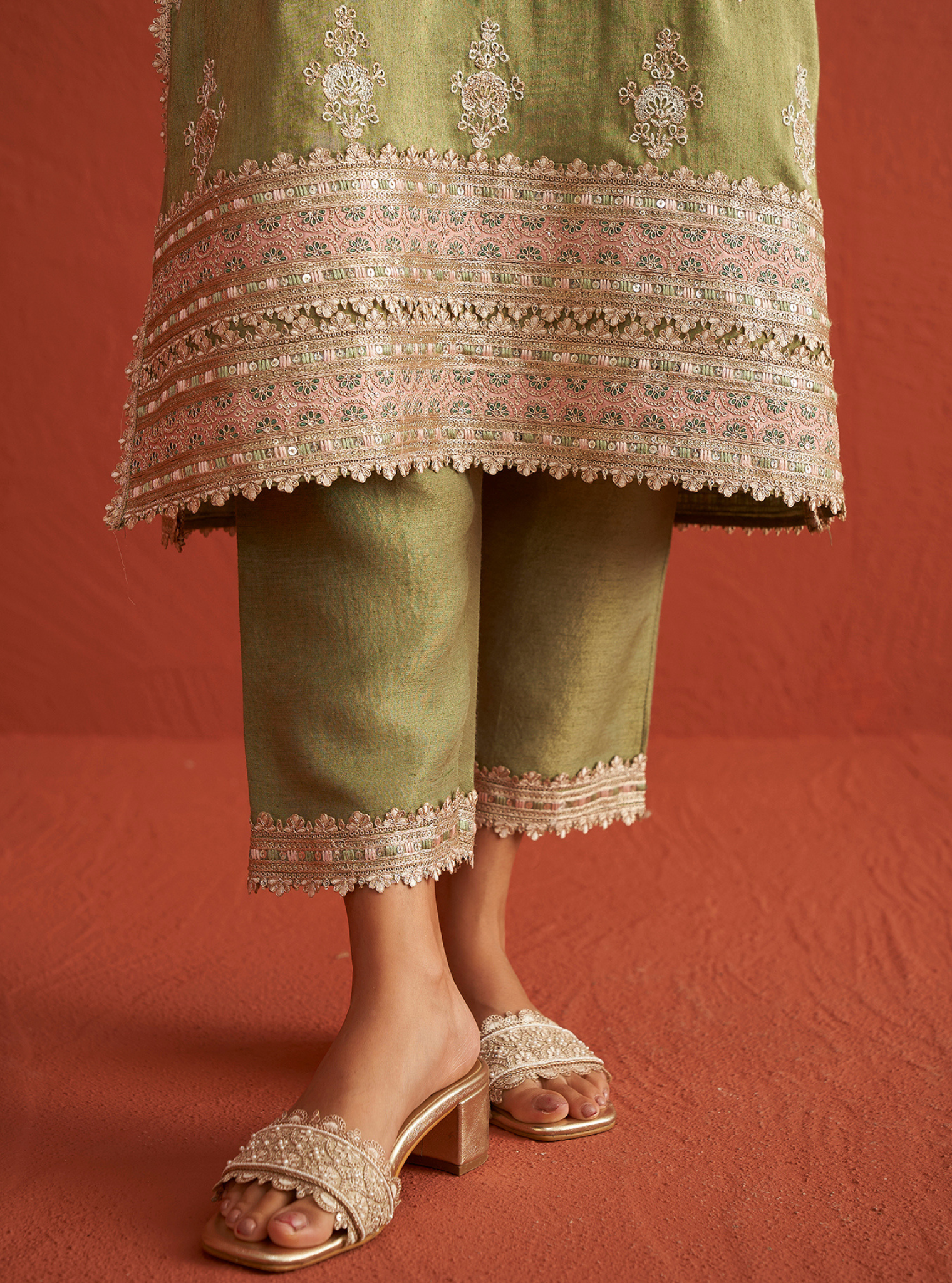 Mitthi Luxe Tissue Sage Green Kurta Set