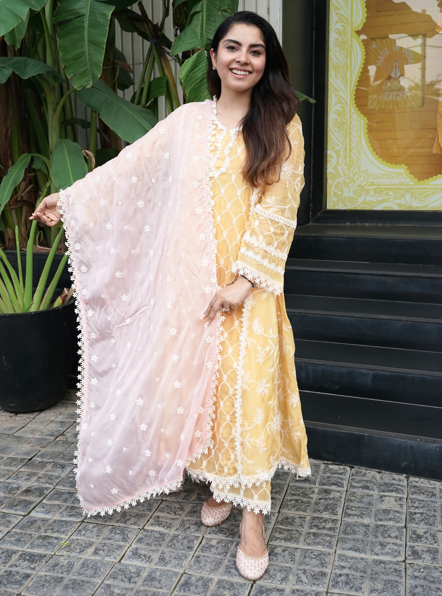 Barsin Organza Yellow Anarkali Kurta Set