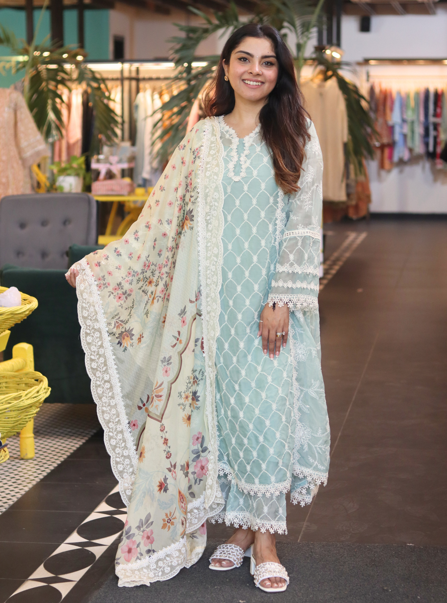 Barsin Organza Teal Blue Anarkali Kurta Set