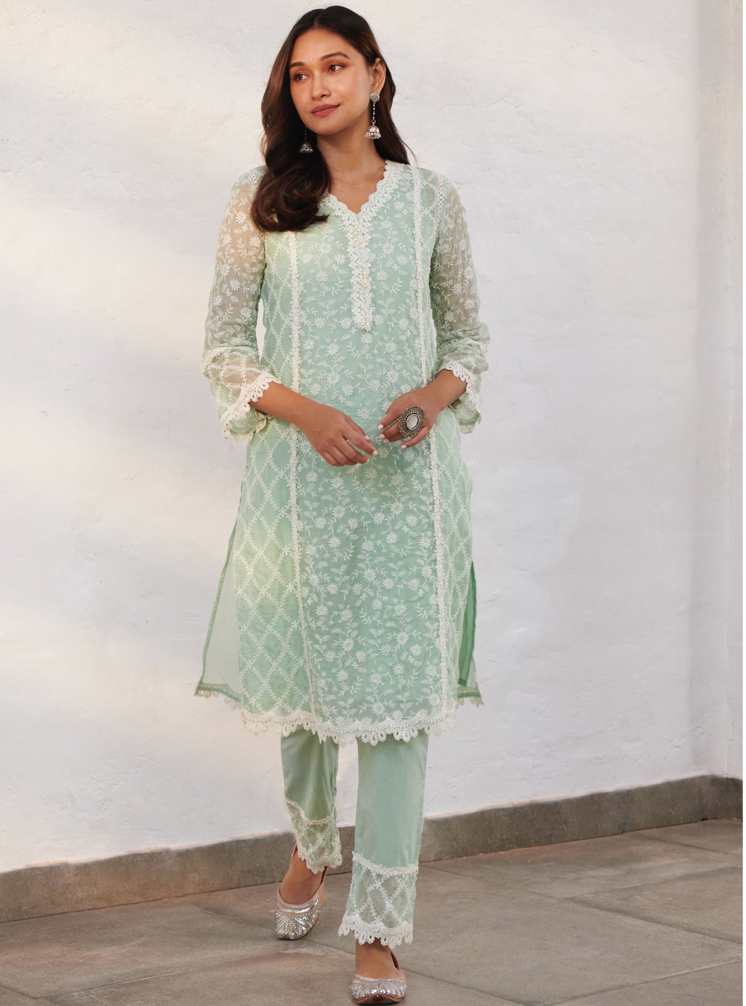 Sunderland Organza Green Kurta Set