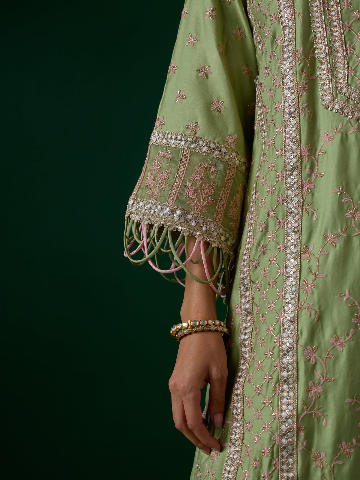 Briti Pima Satin Pista Green Kurta Set