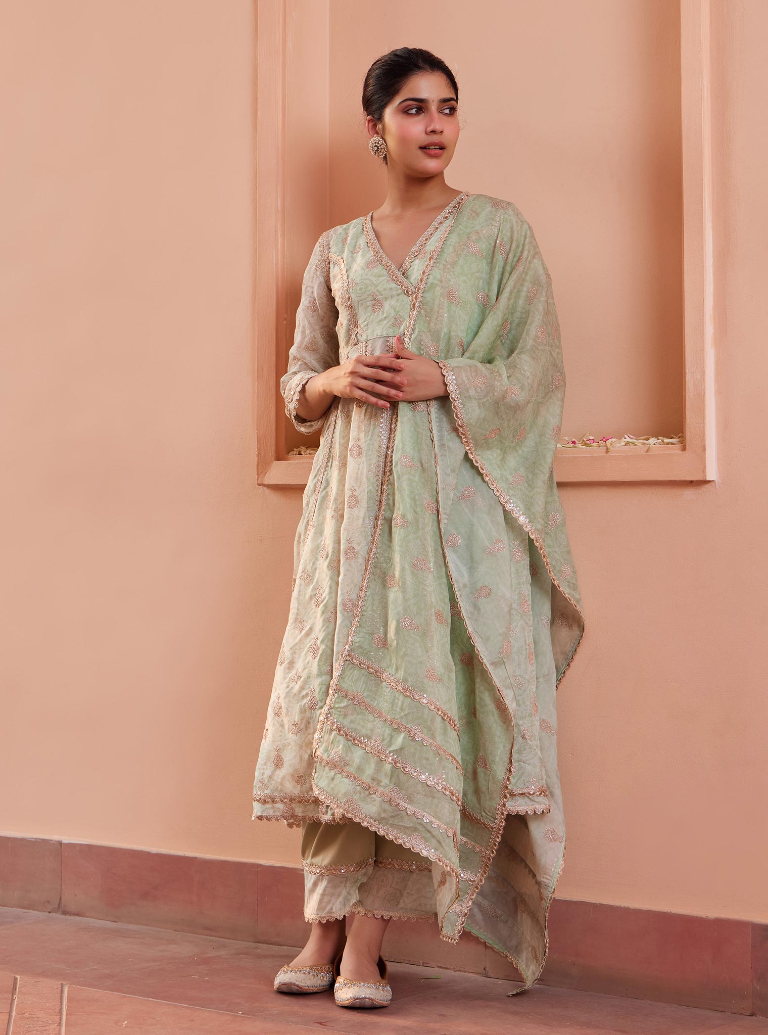 Vamsi Organza Green Anarkali Kurta Set