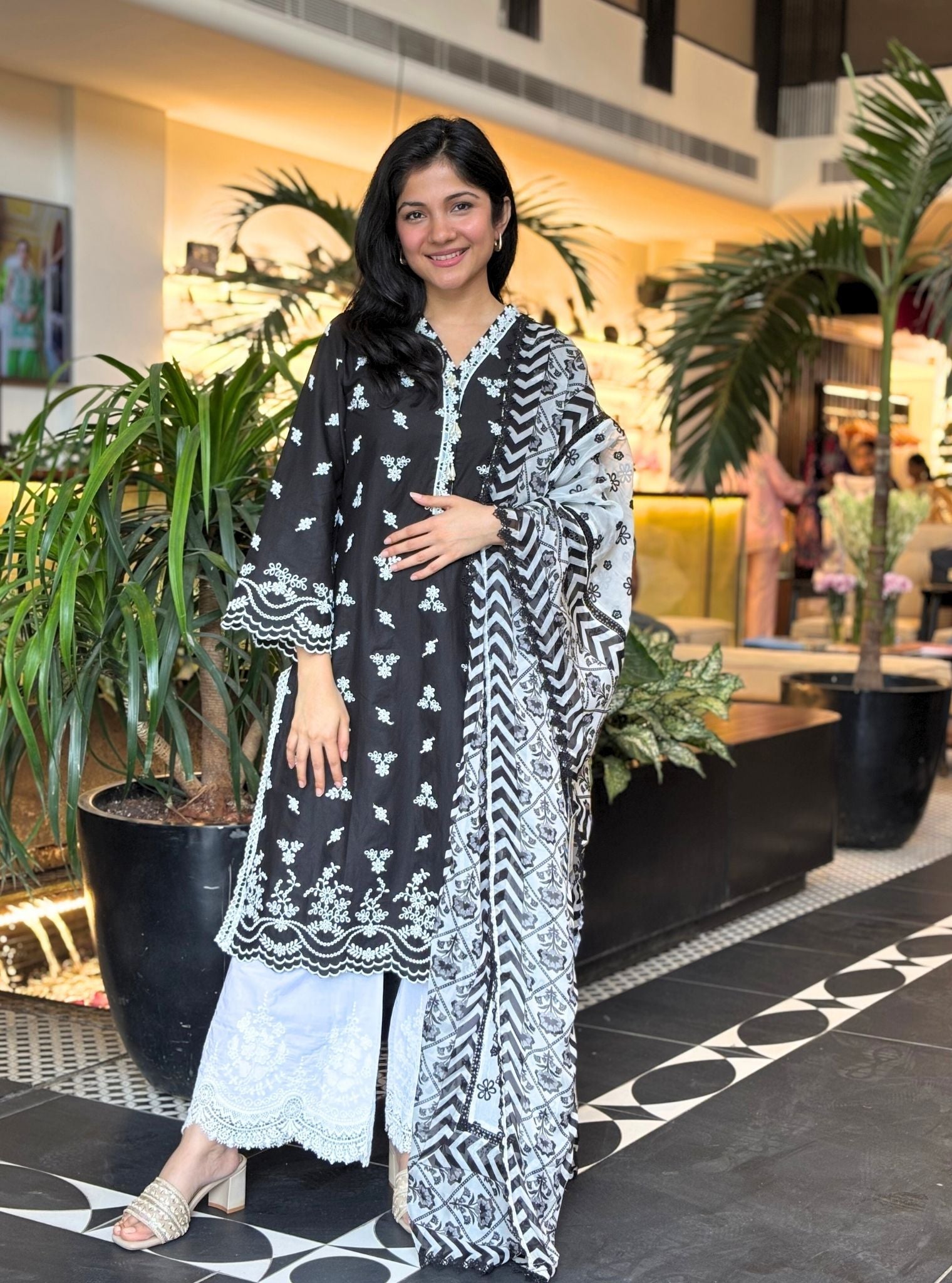 Satari Supima Cotton Black Kurta with Embroidered Bellbottom White Pyjama Set