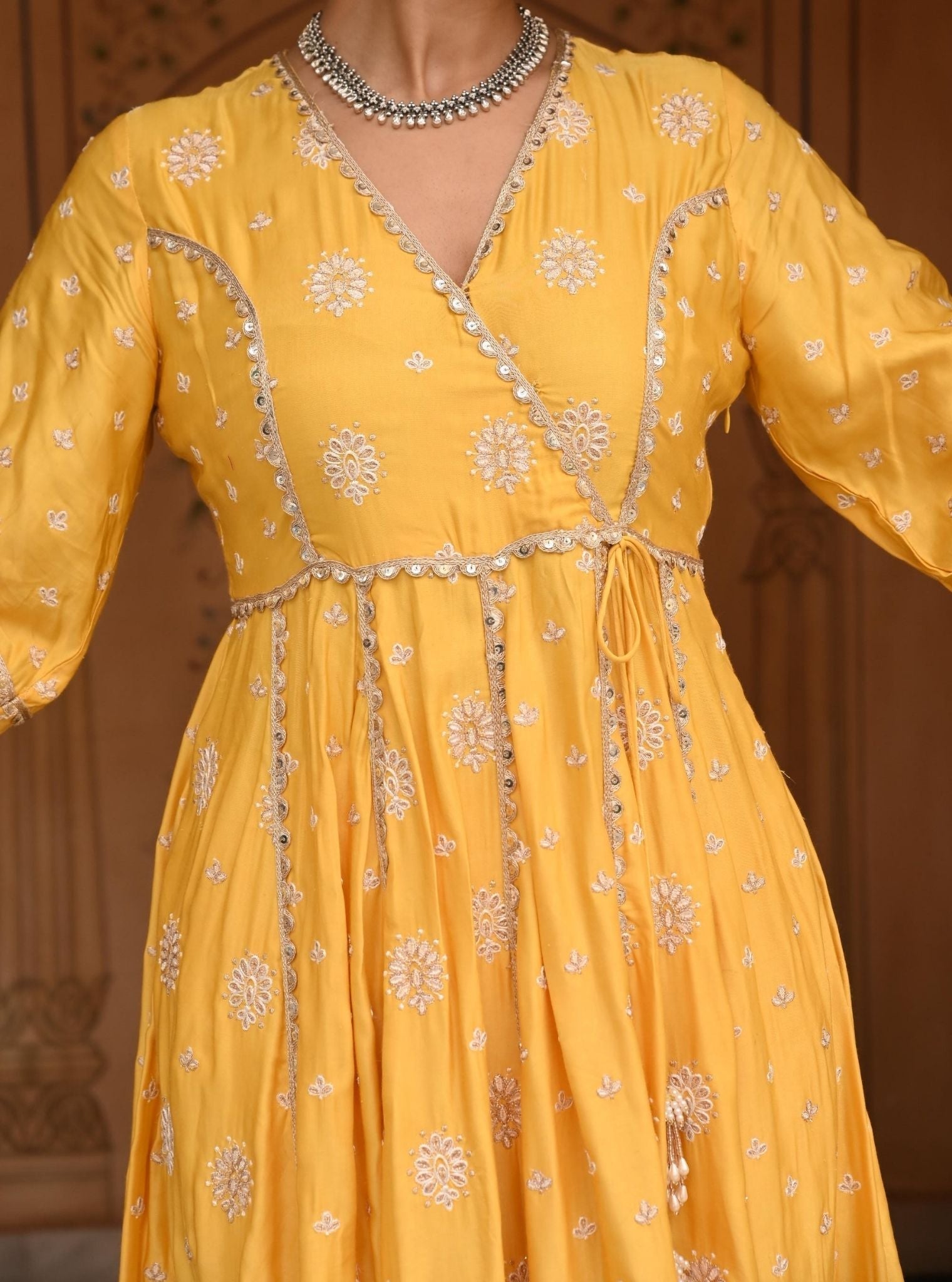 Chaiyya Modal Satin Yellow Anarkali Kurta Set