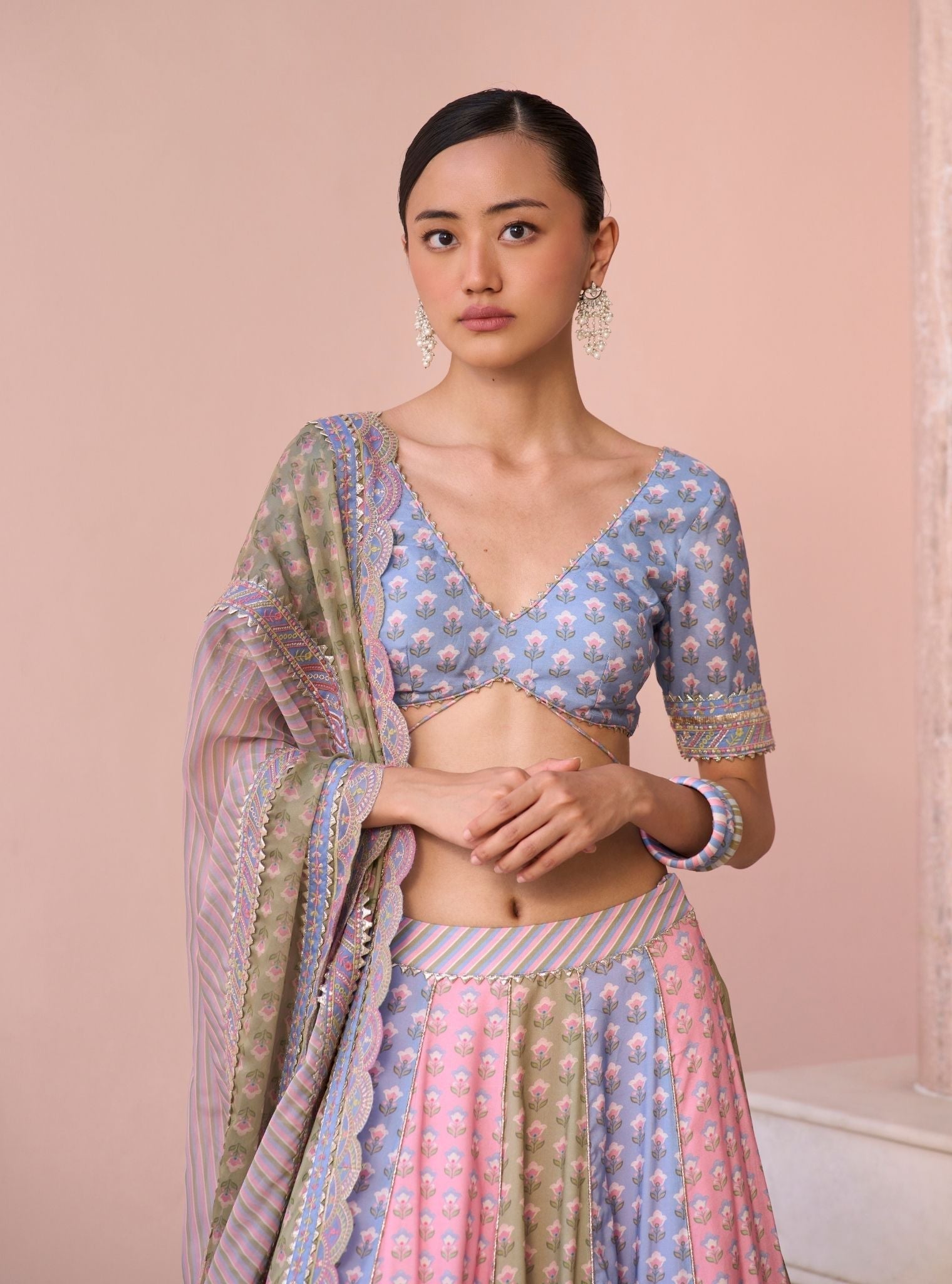 Indira Steel Blue Printed Lawn Lehenga Set