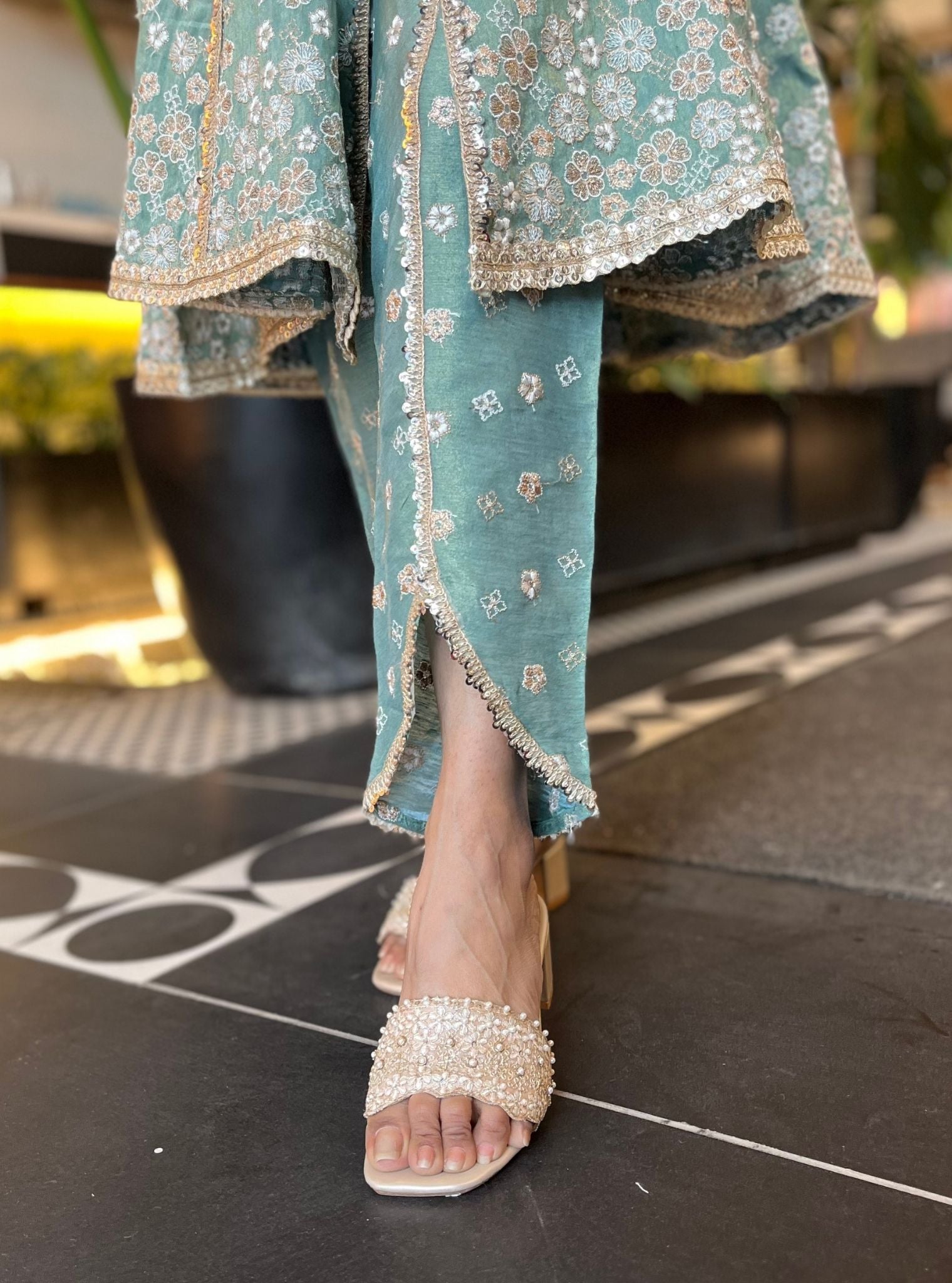 Sajeya Tissue Satin Teal Blue Anarkali Kurta Set