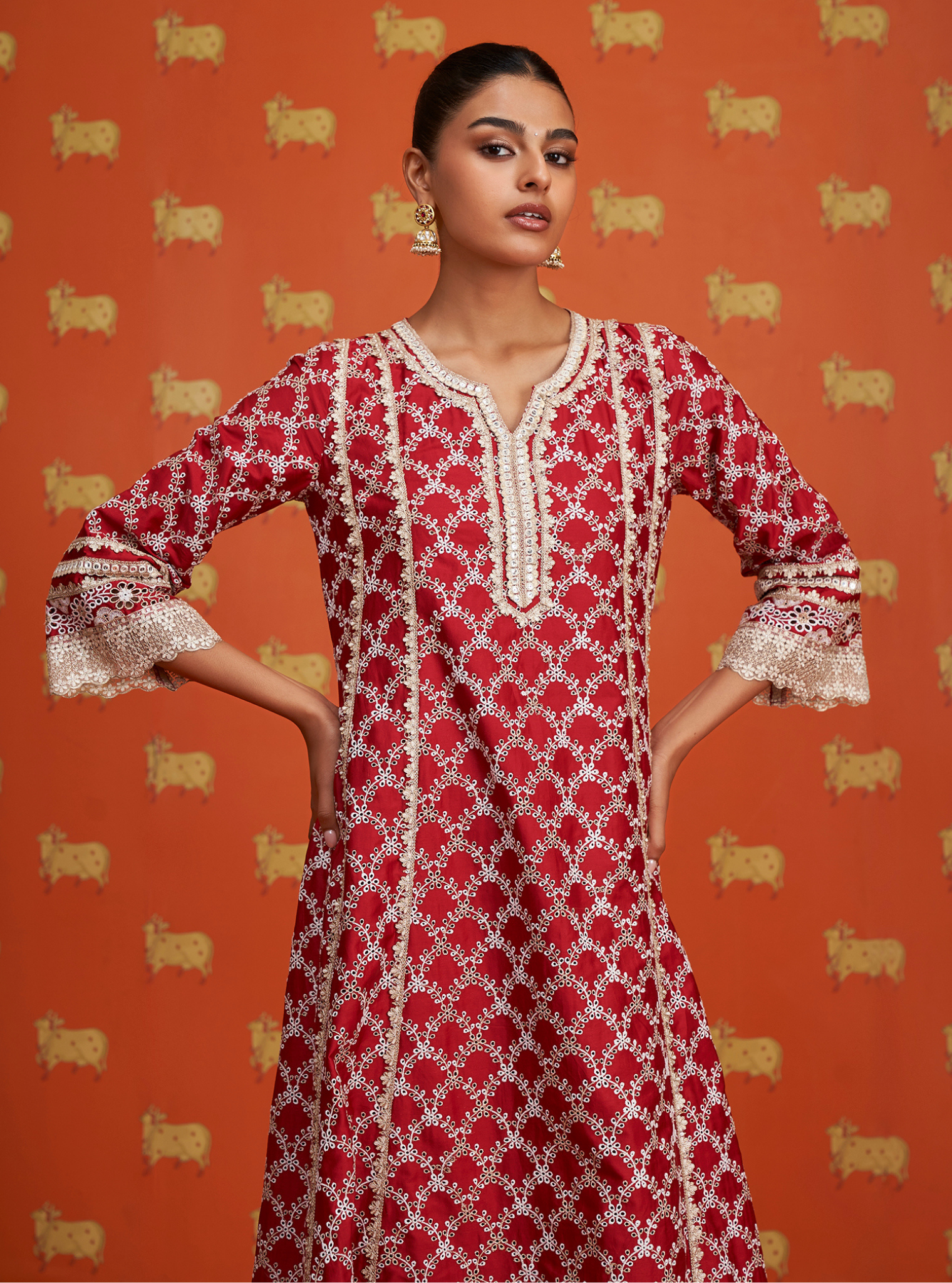 Caem Pima Satin Red Kurta Set