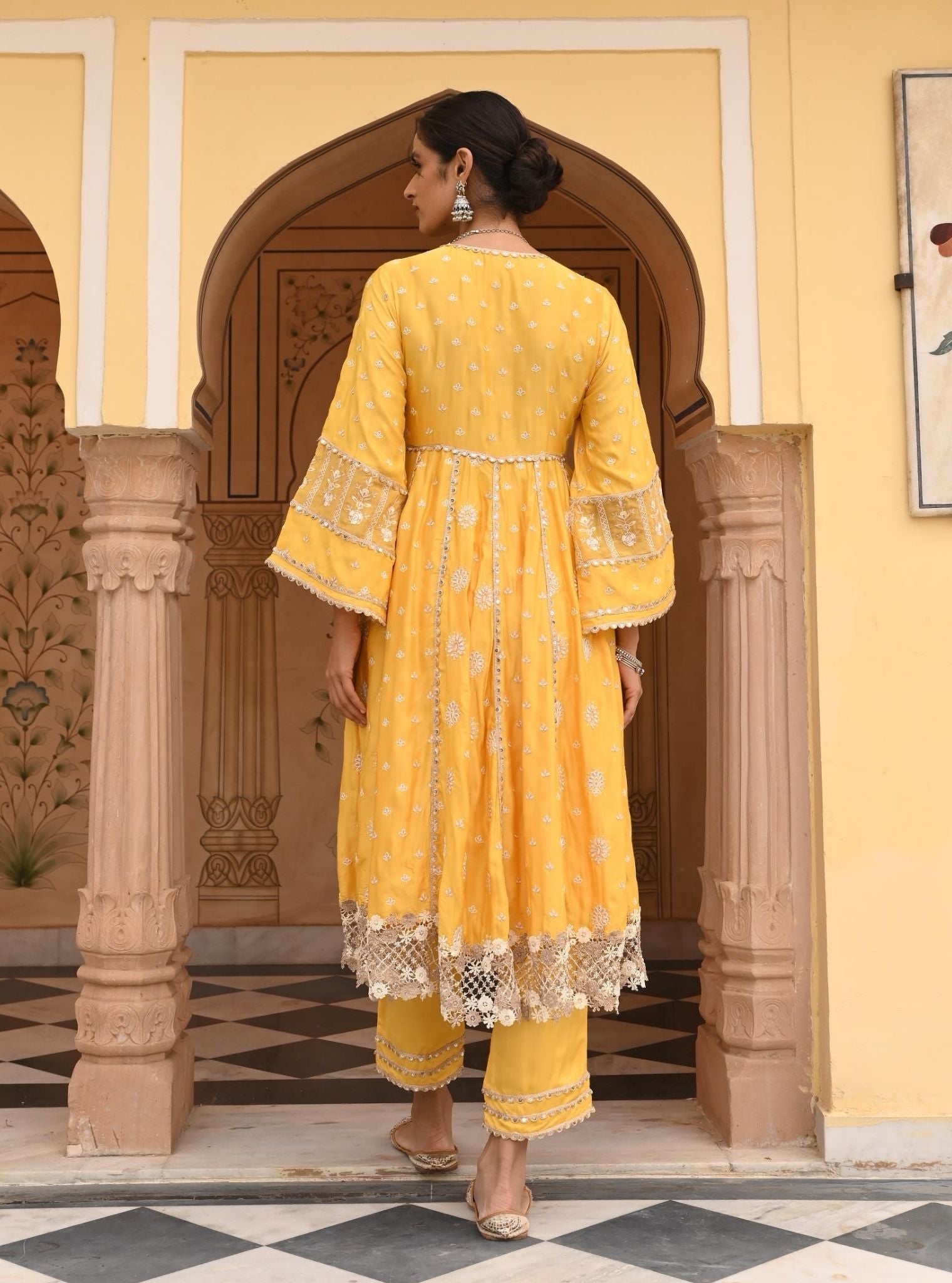 Chaiyya Modal Satin Yellow Anarkali Kurta Set