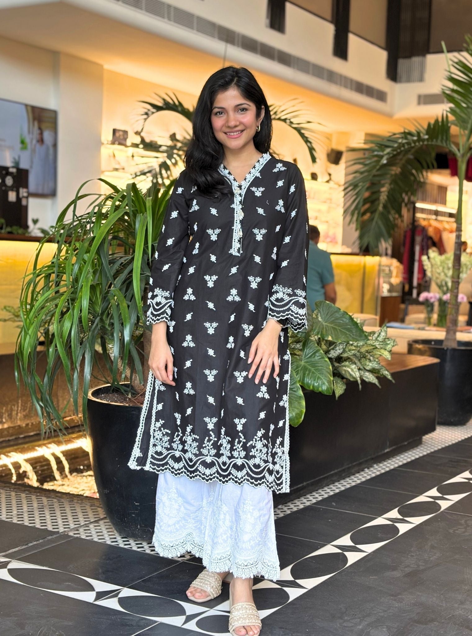 Satari Supima Cotton Black Kurta with Embroidered Bellbottom White Pyjama Set