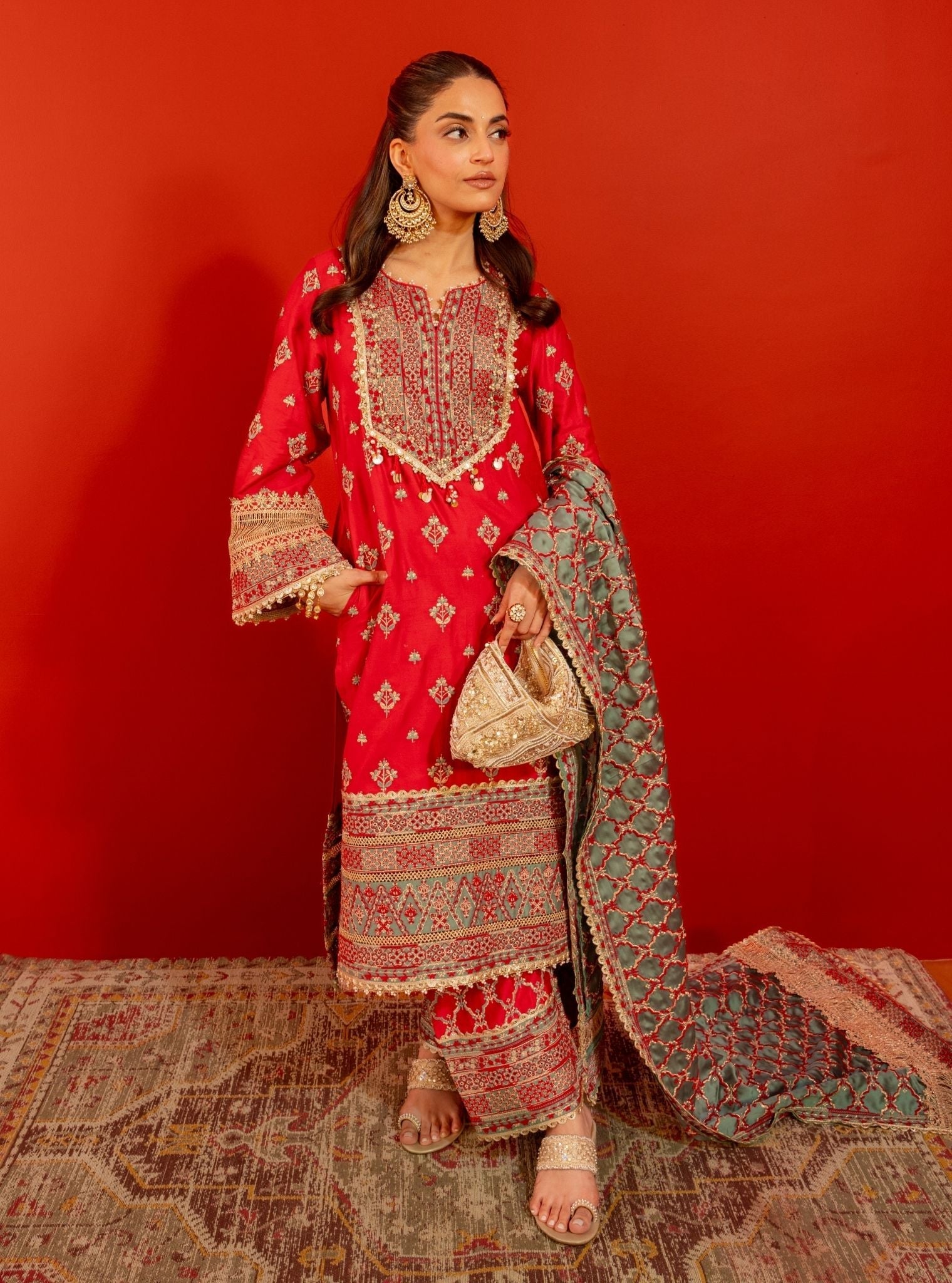 Shagun Pima Satin Red Kurta Set