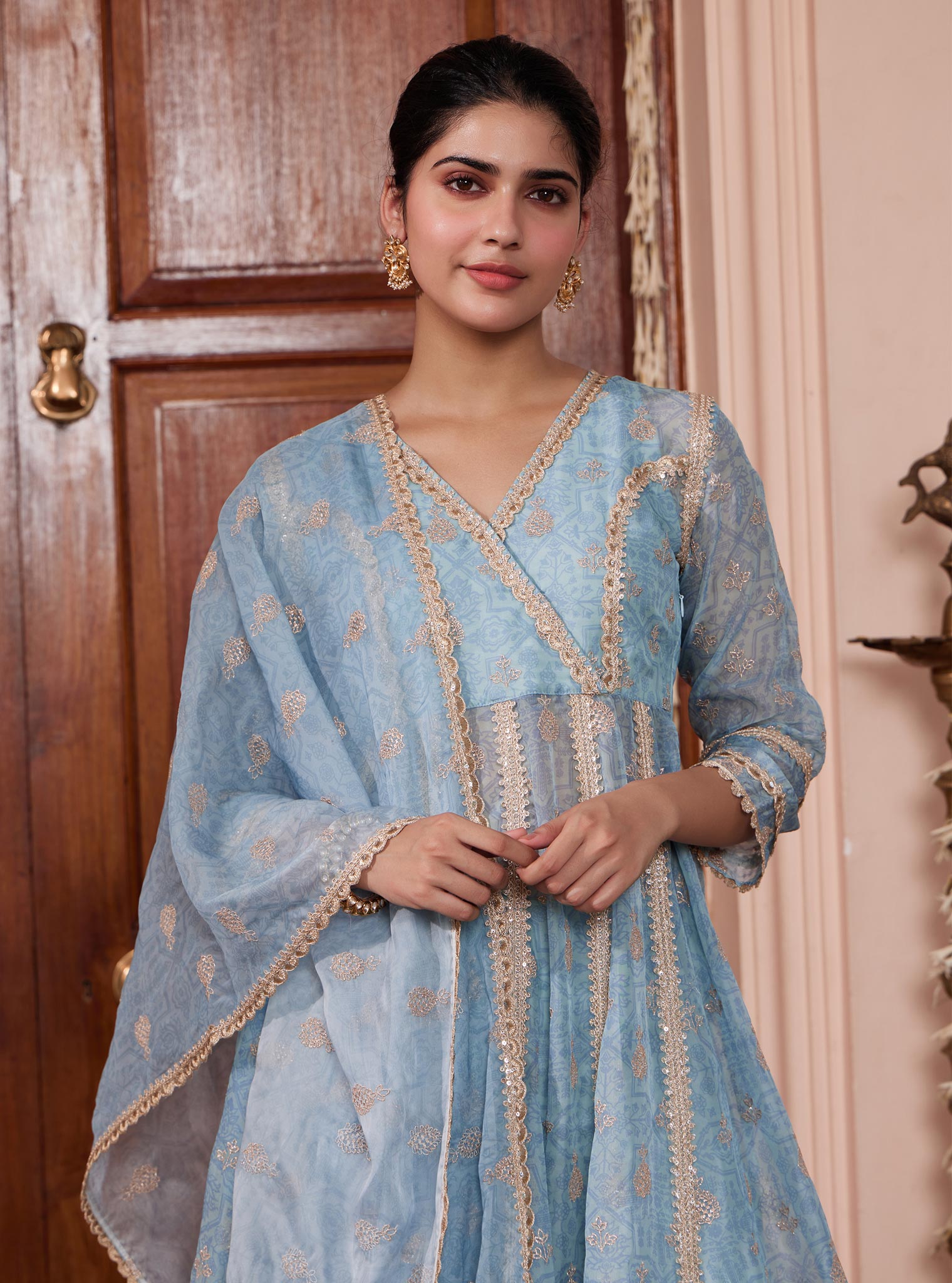 Vamsi Organza Blue Anarkali Kurta Set