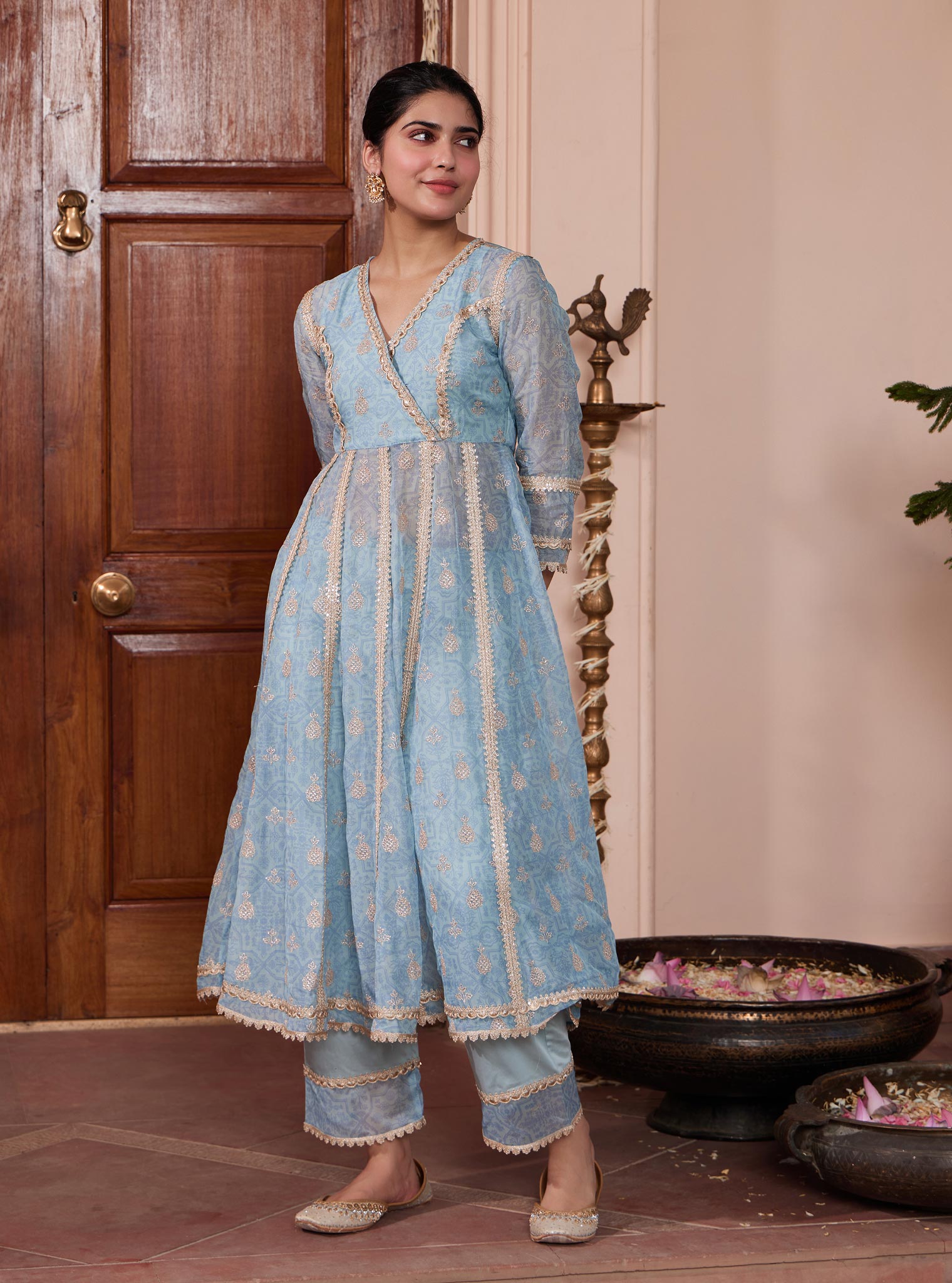 Vamsi Organza Blue Anarkali Kurta Set
