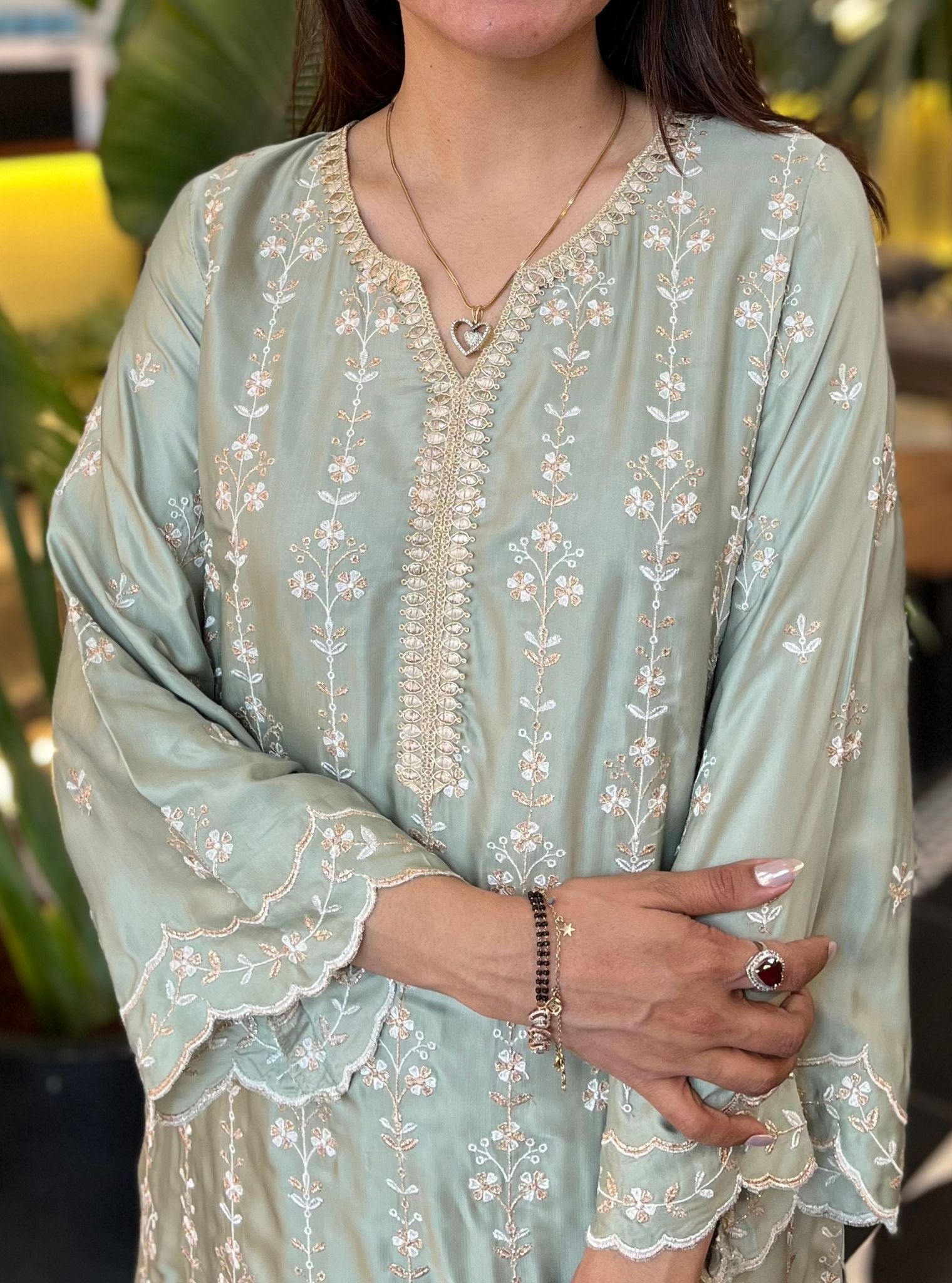 Tasanee Cupro Satin Sage Green Kurta Set