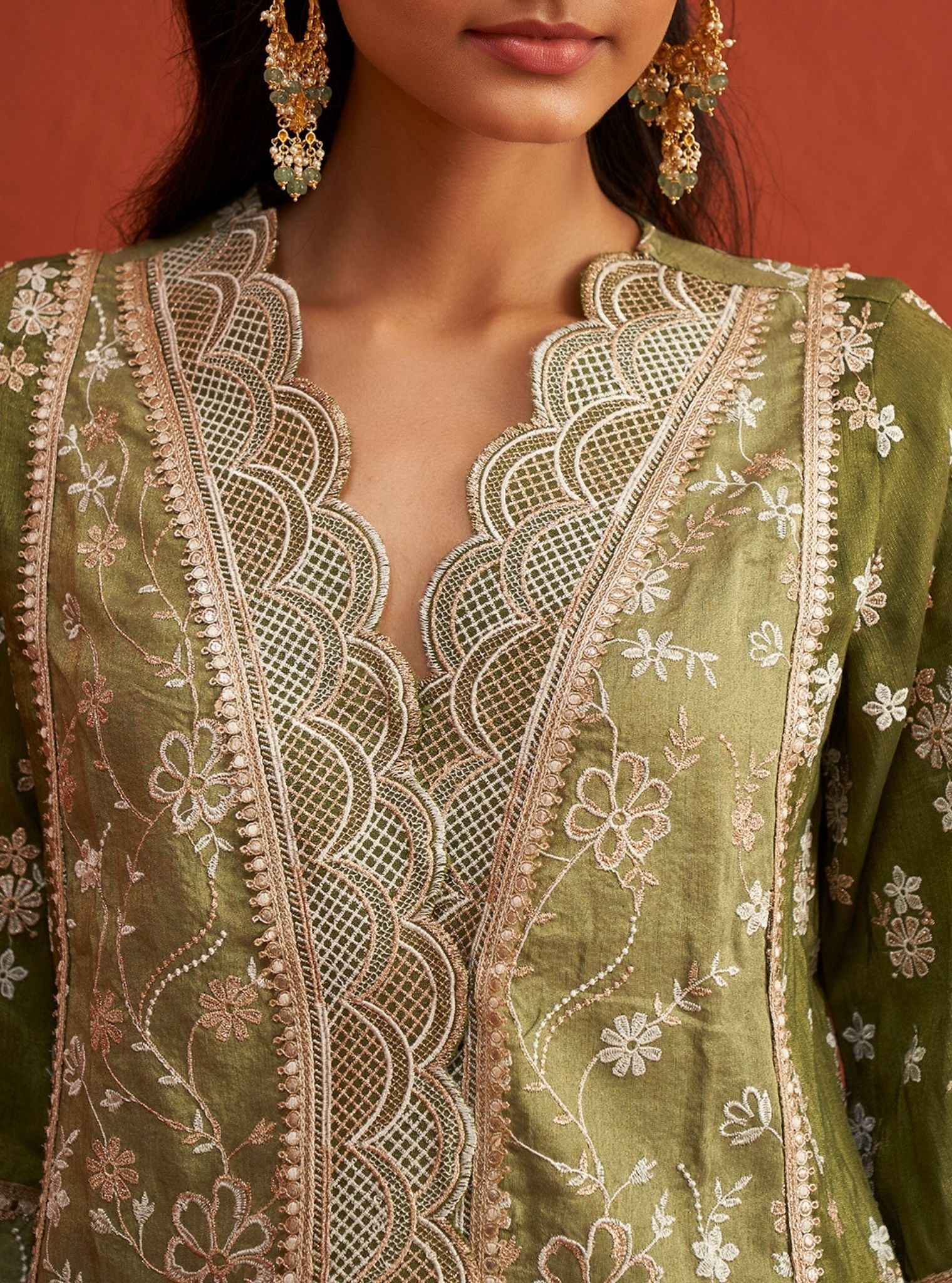 Sadke Tissue Linen Satin Sage Green Kurta Set