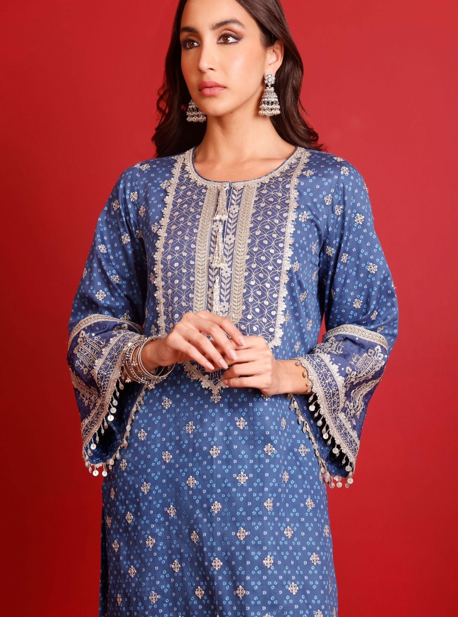 Lari Pima Satin Printed Navy Kurta Set