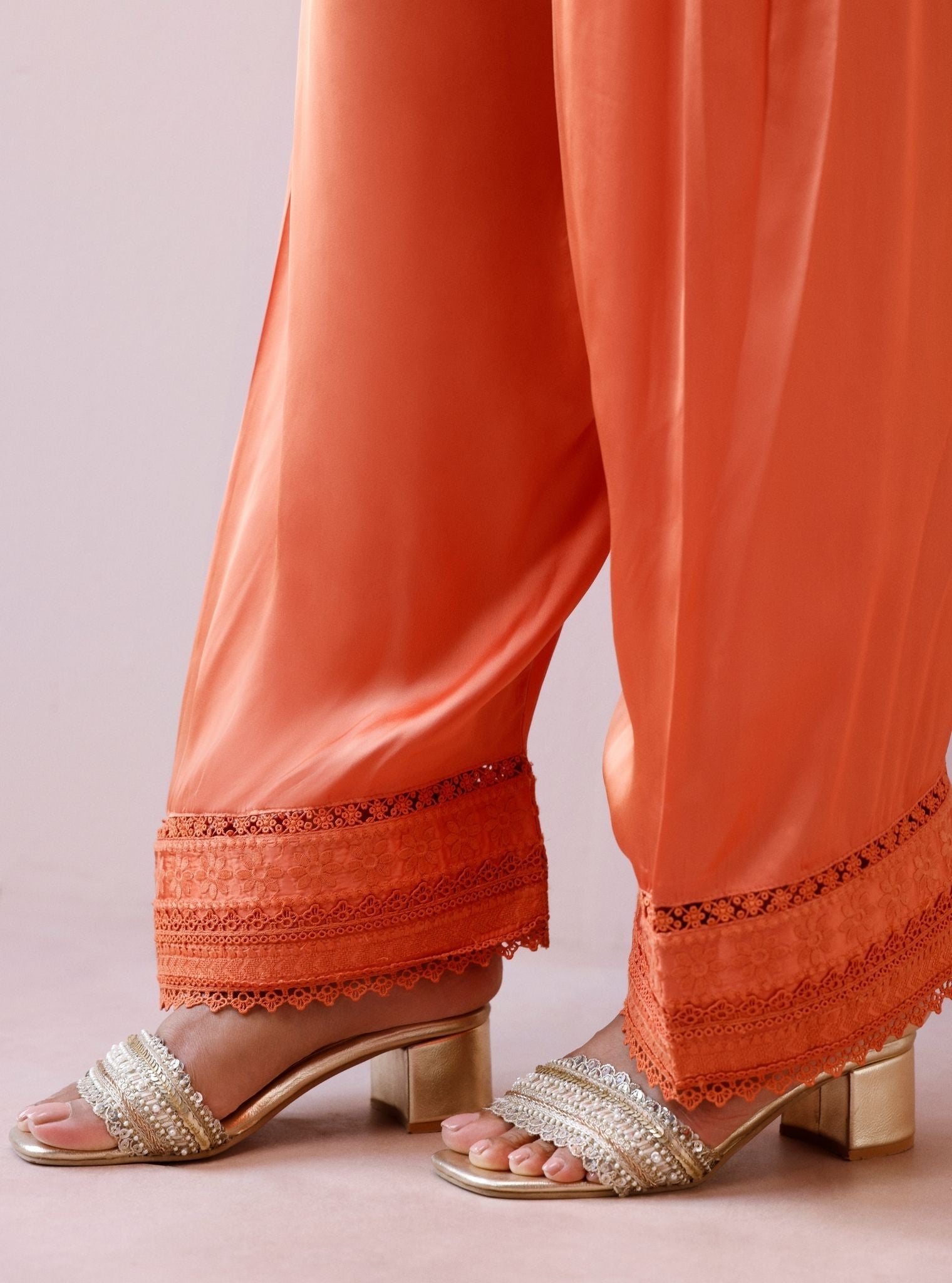 Zuri Cupro Satin Orange Kurta With Farshi Salwar