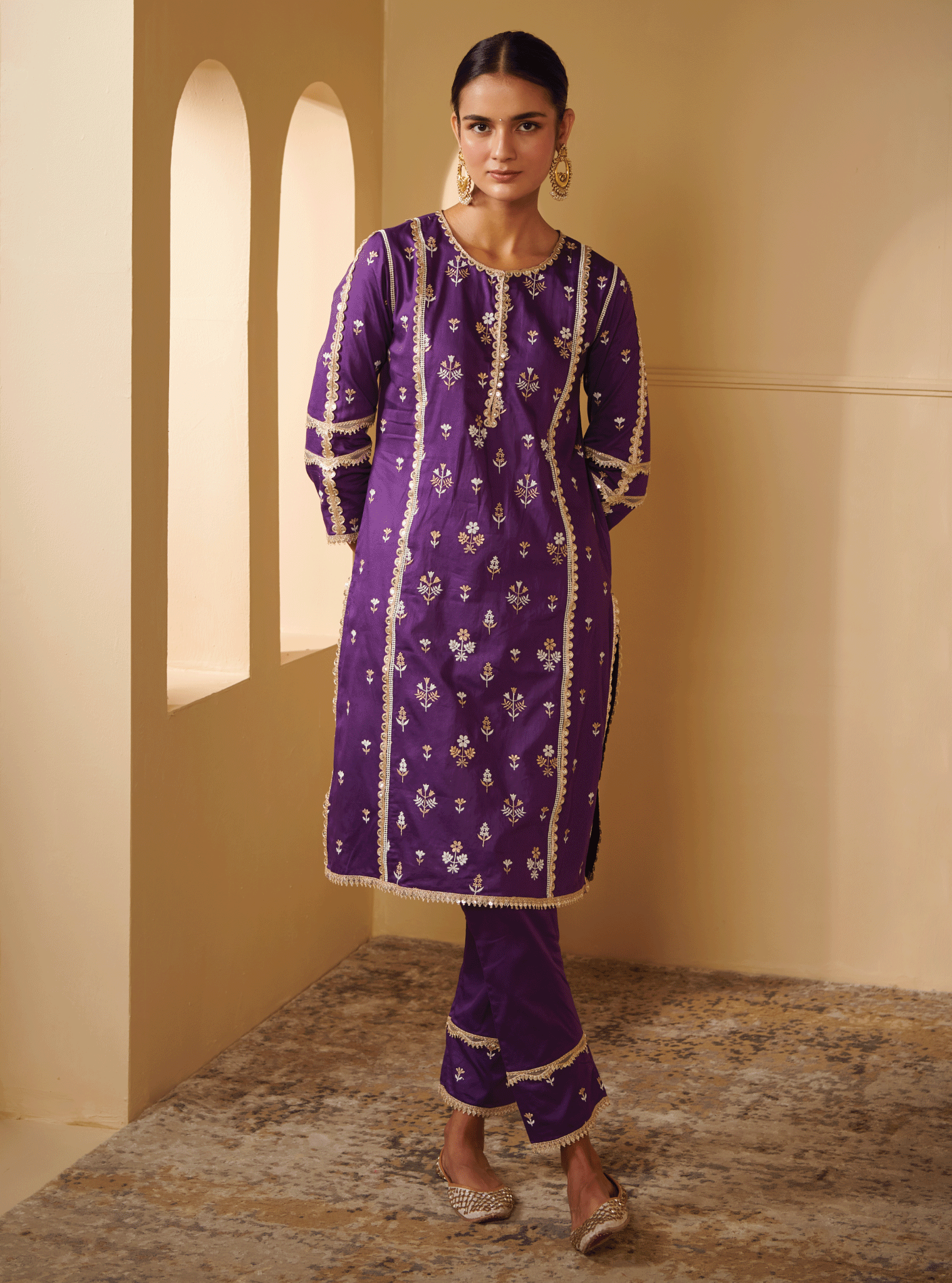 Kaveri Pima Satin Purple Kurta Set