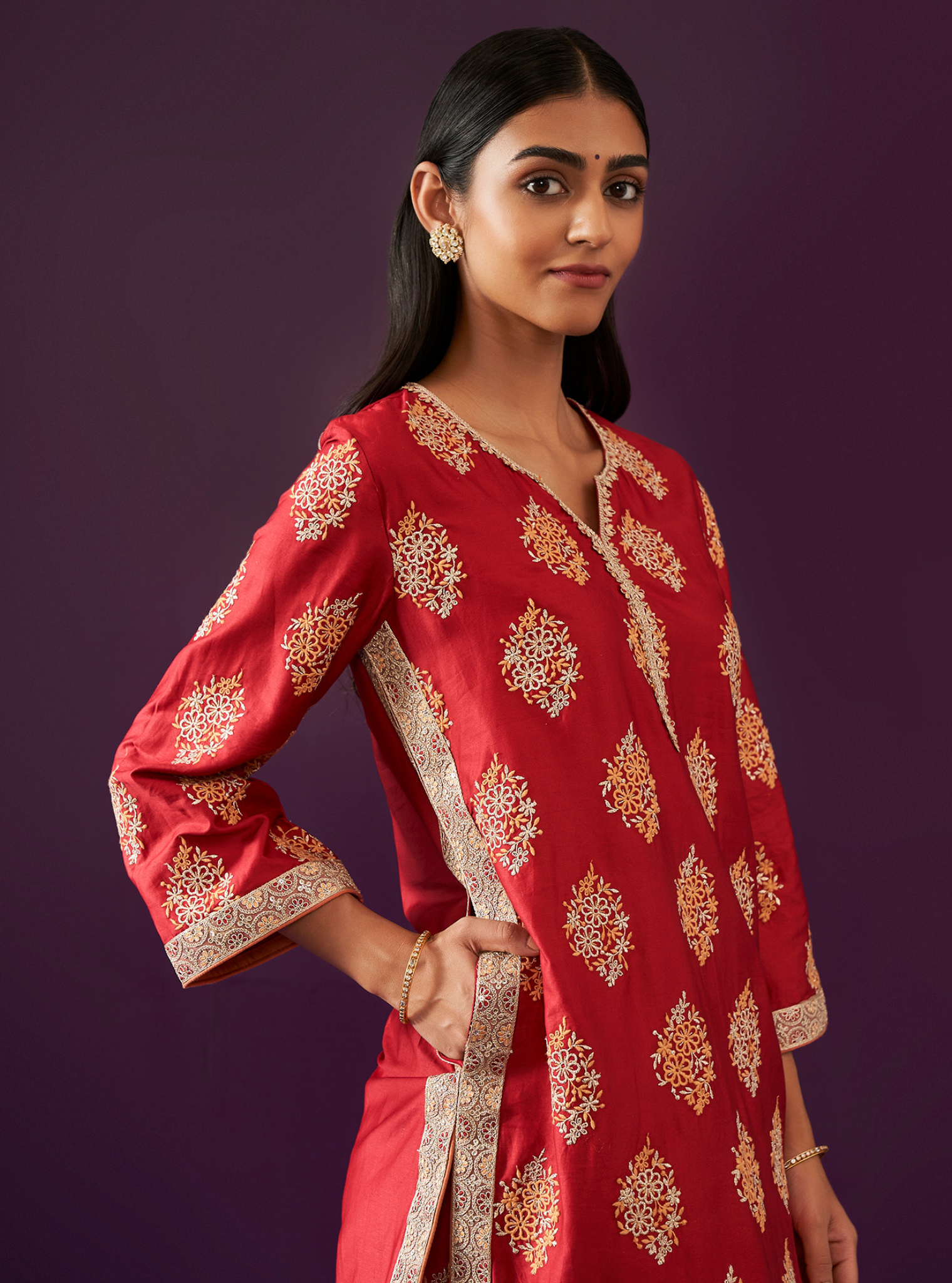 Calita Pima Satin Red Kurta Set