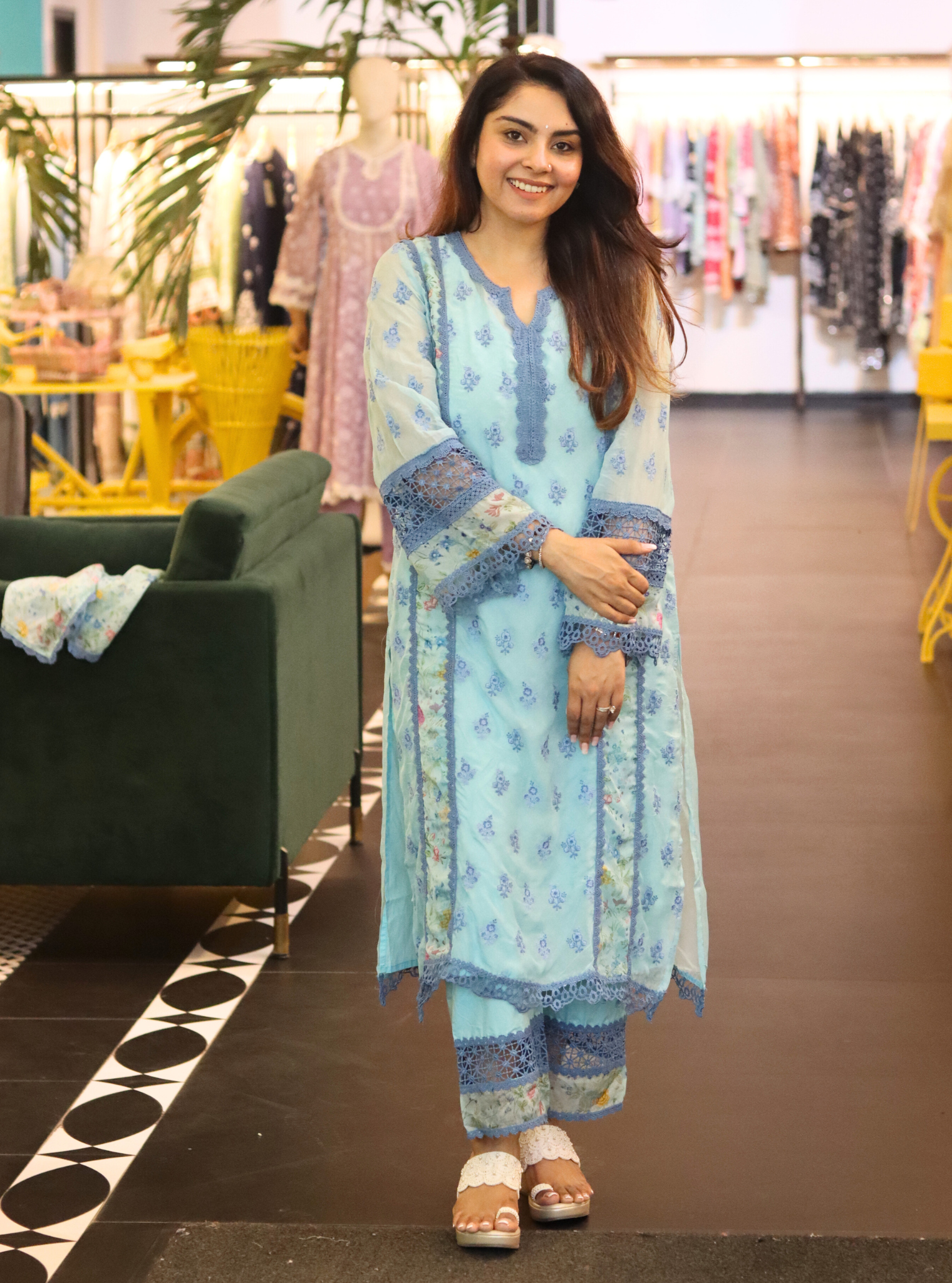 Alwen Organza Printed Blue Kurta Set