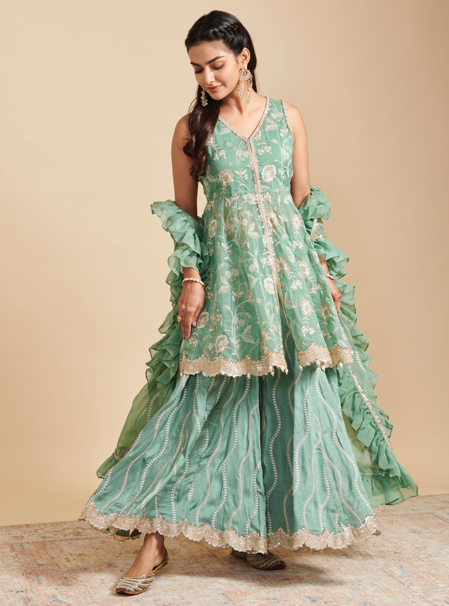 Lashkara Organza Short Anarkali Green Kurta with Sharara Set